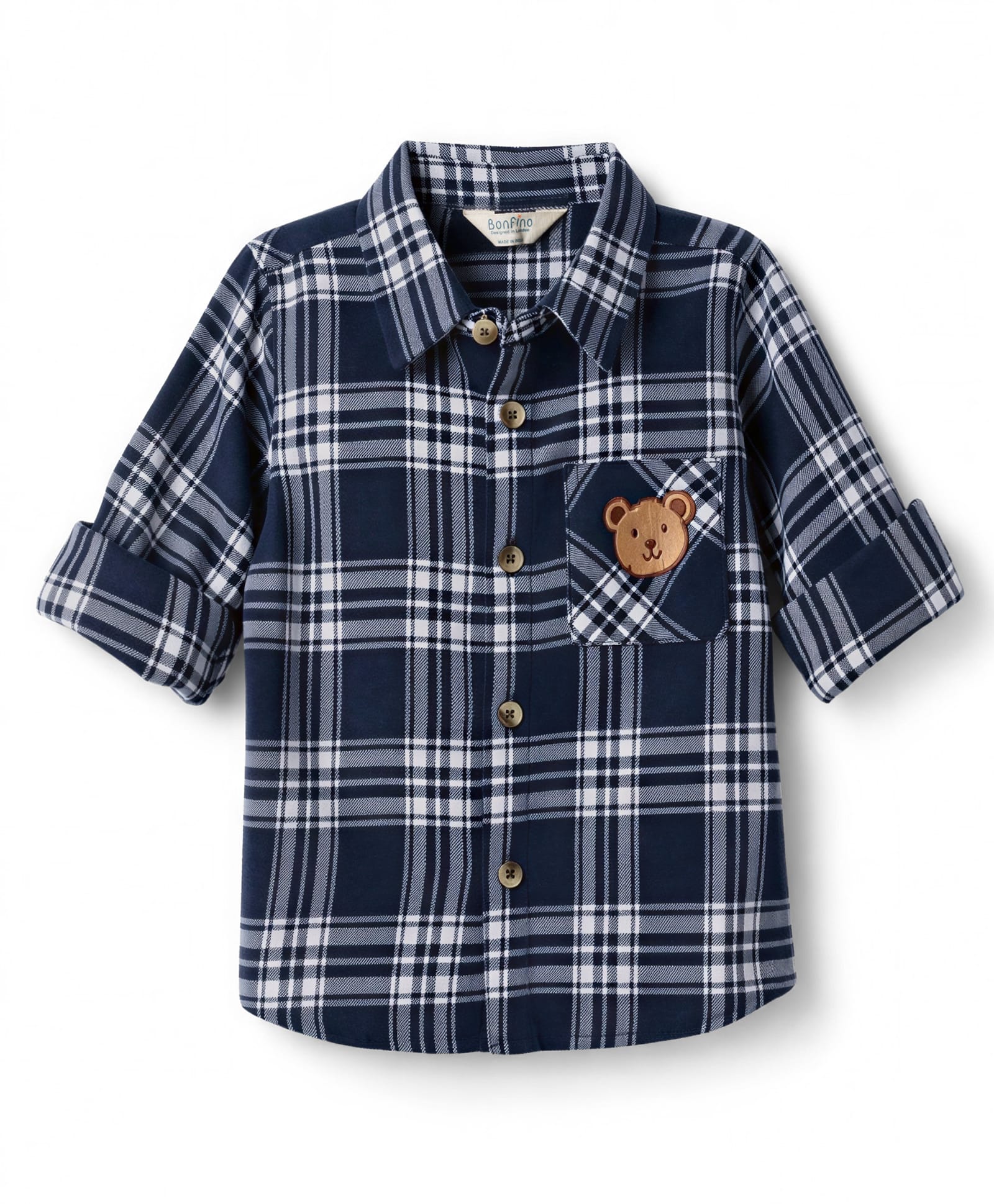 Bonfino 100% Cottonn Woven Yarn Dyed Full Sleeves Checkered Shirt with Pocket & Bear Embroidery - Navy Blue-picture-2