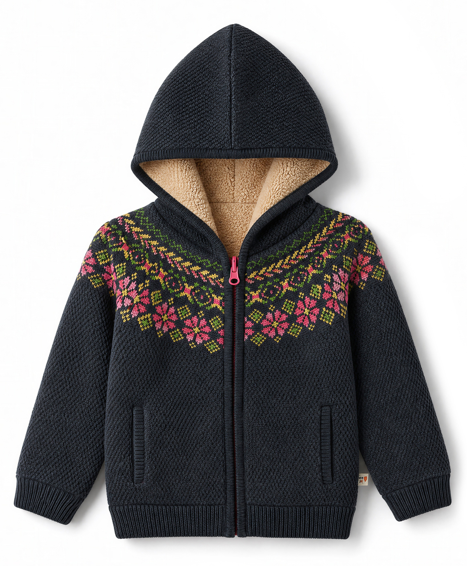 Yellow Apple Knit Full Sleeves Hooded Jacket with Floral Design- Charcoal Grey-image-39
