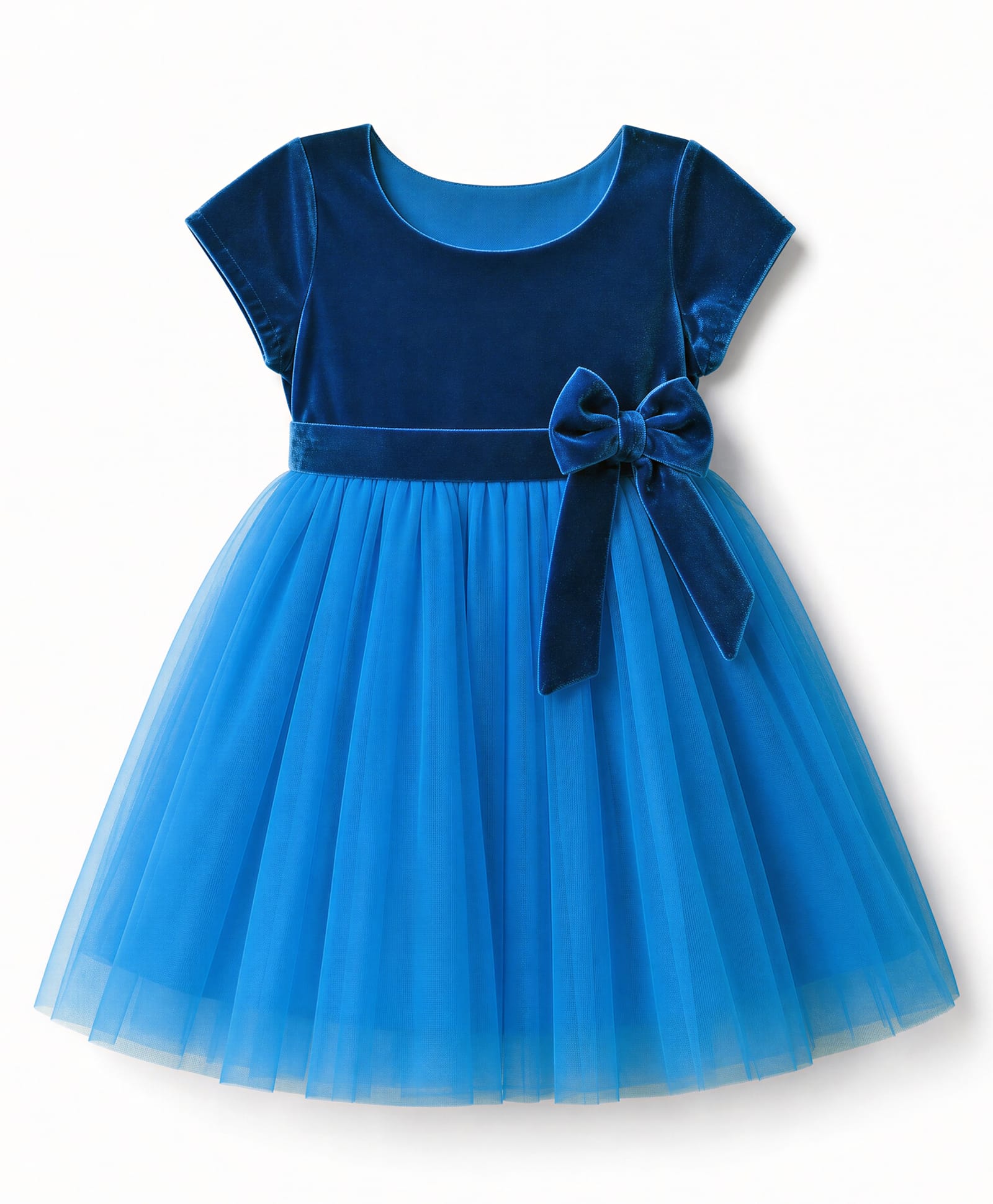 Babyoye Velour Woven Velvet Half Sleeves Party Dress With Bow Applique - Teal Blue-picture-1