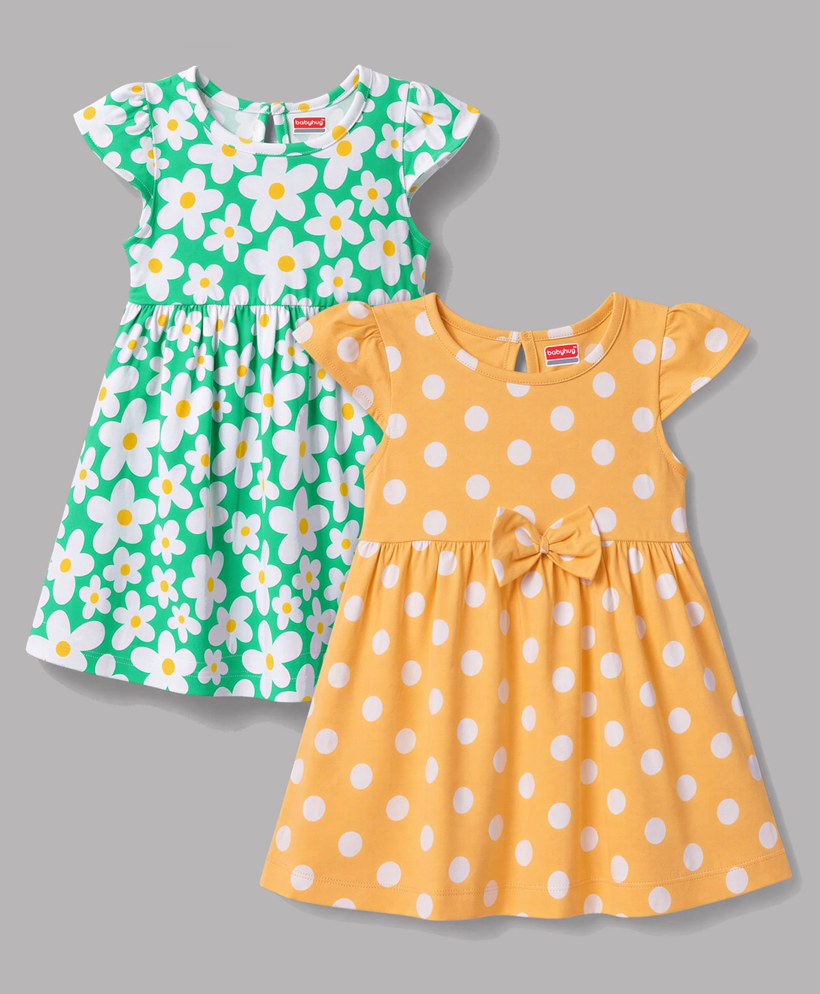 Babyhug Single jersey Knit Cap Sleeves Frock Floral & Polka Dot Print Pack of 2 - Green & Yellow-image-35