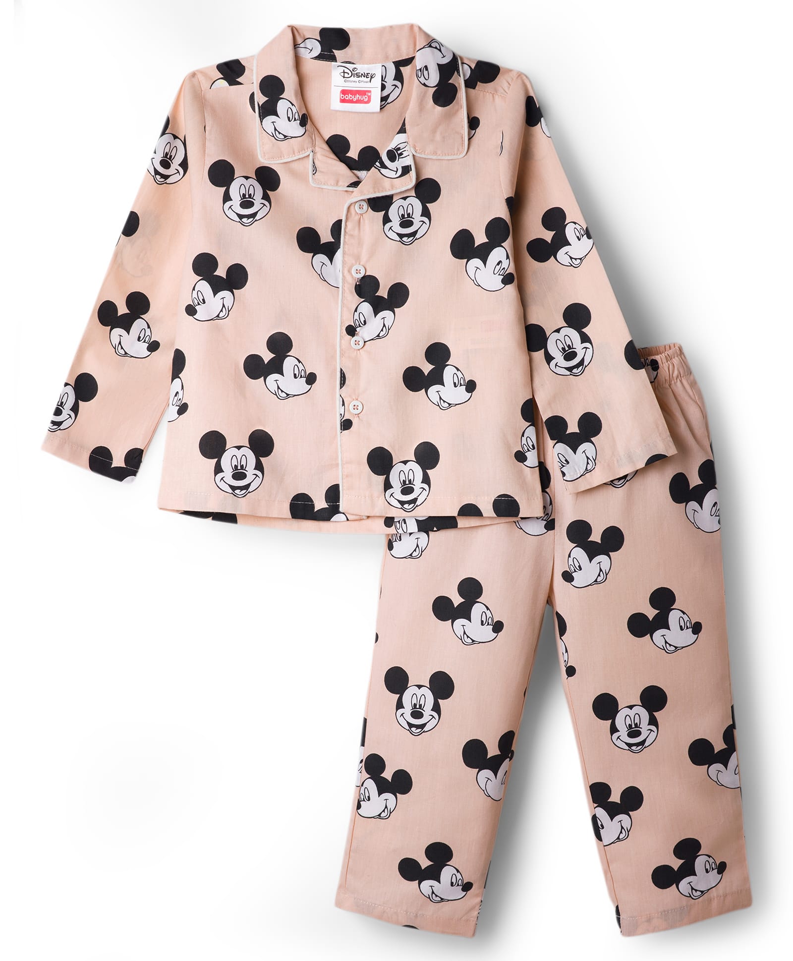 Babyhug Disney Poplin Woven Full Sleeves Co-Ords Mickey Mouse Printed Shirt & Pajama Night Suit - Peach-image-22