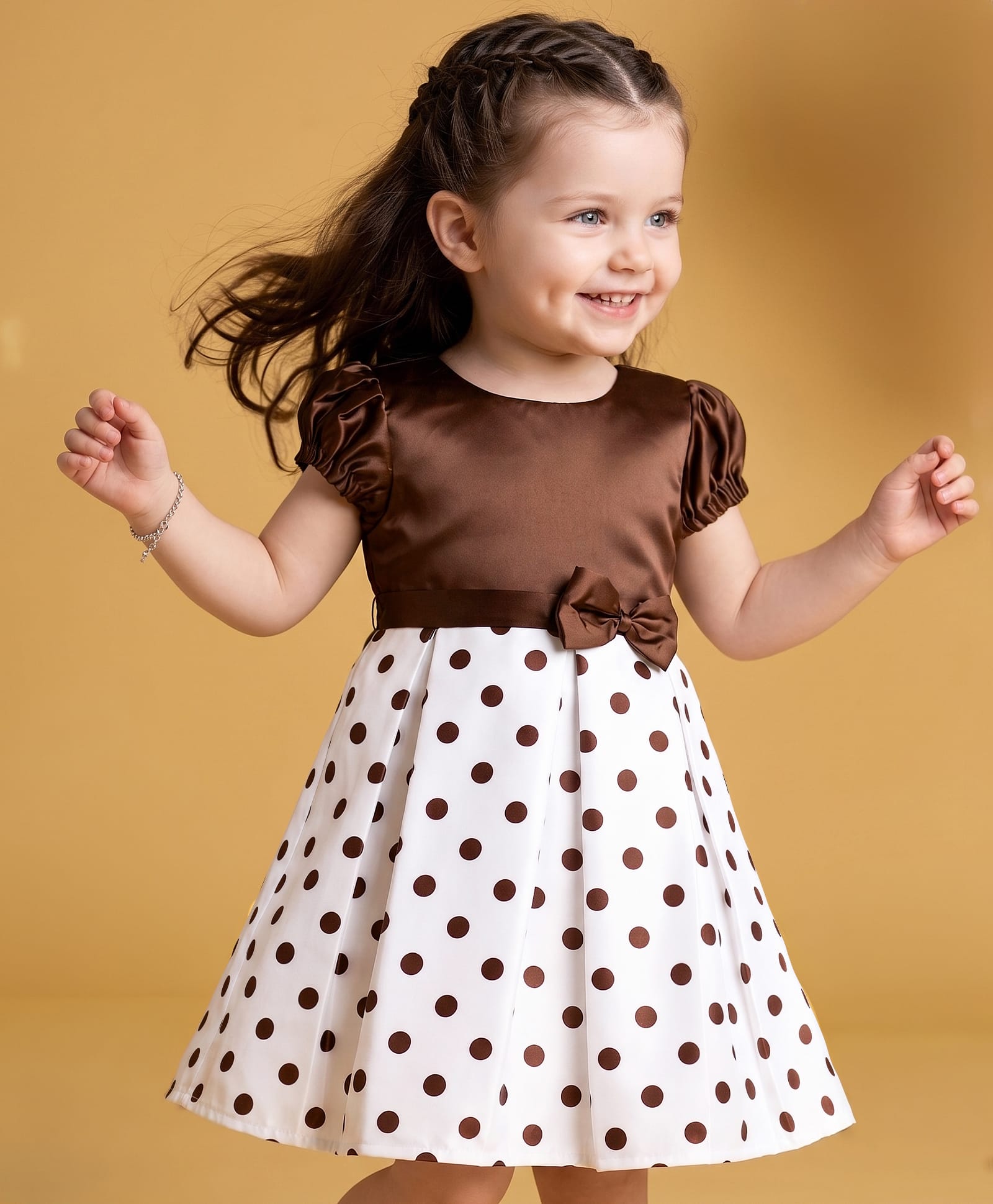 Babyoye Satin Woven Polka Dot Print Half Sleeves Party Dress With Bow Applique - Brown & White-image-13