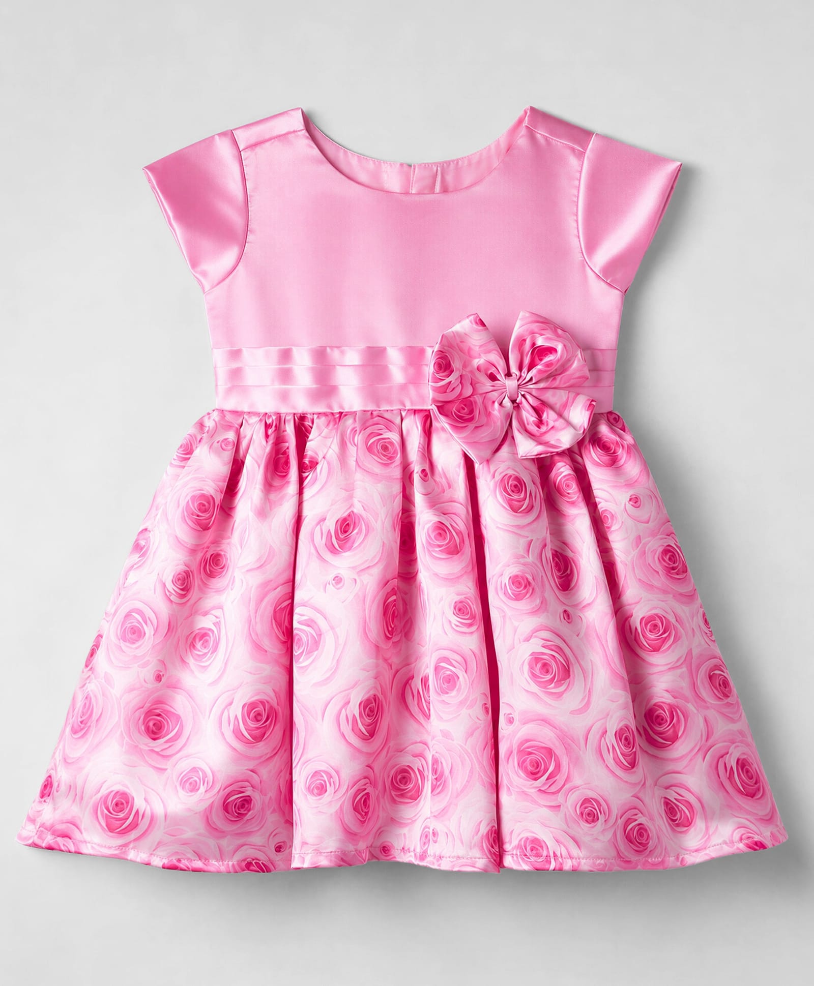 Babyoye Satin Woven Half Sleeves Rose Printed Party Frock with Bow Applique -Pink-image-37