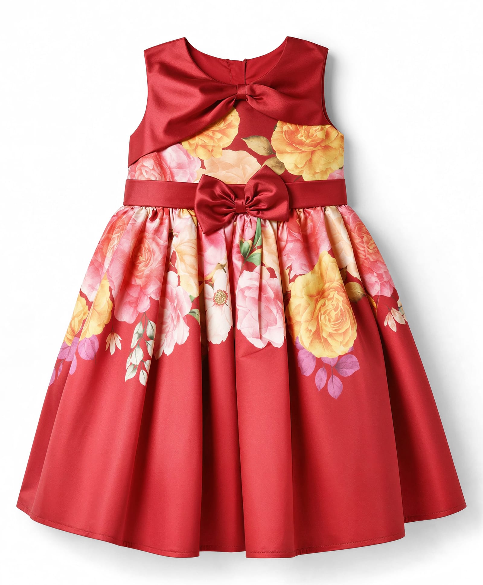 Babyoye Satin Woven Floral Printed Sleeveless Party Dress With Bow Applique - Maroon-image-12