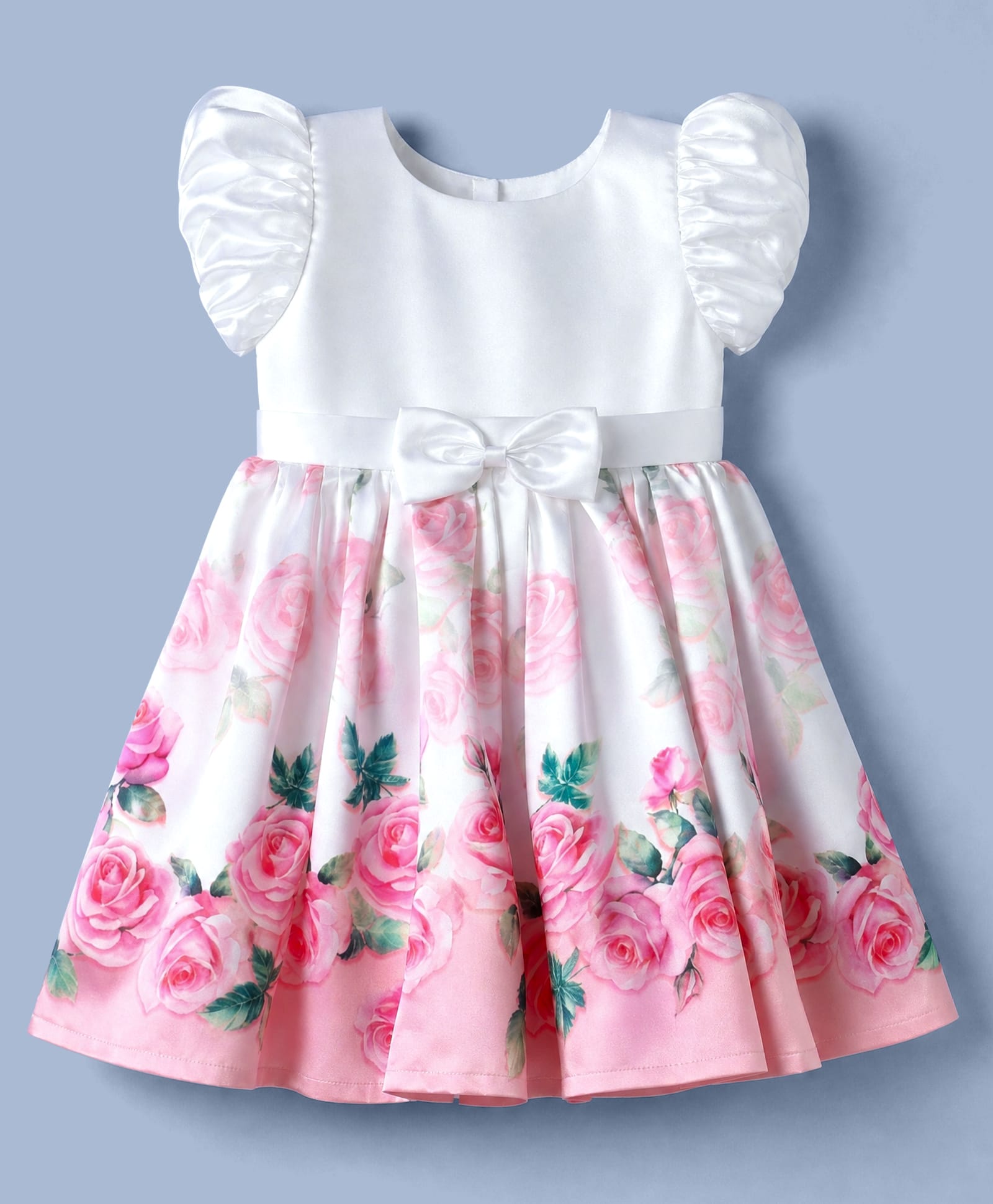Babyoye Satin Woven Half Sleeves Floral Printed Pleated Party Dress With Bow Applique - White-image-14