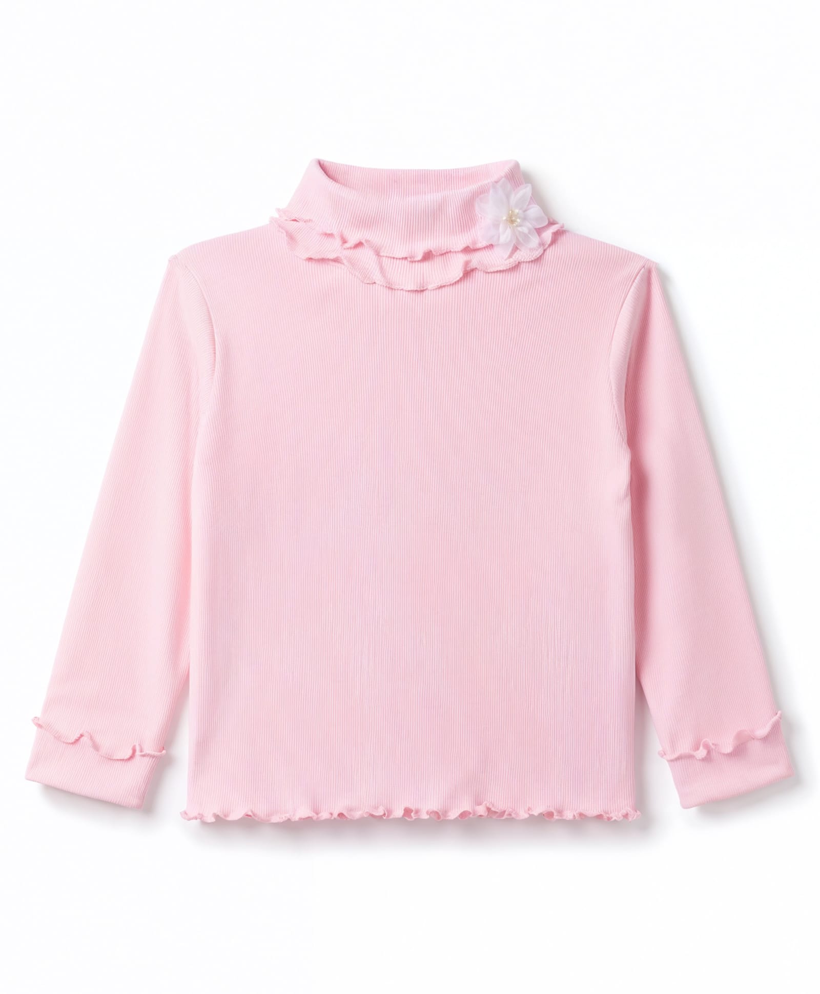 Babyhug Cotton Knit Full Sleeves Solid Color Ribbed Winter T-Shirt with Ruffled Detailing - Light Pink-image-41