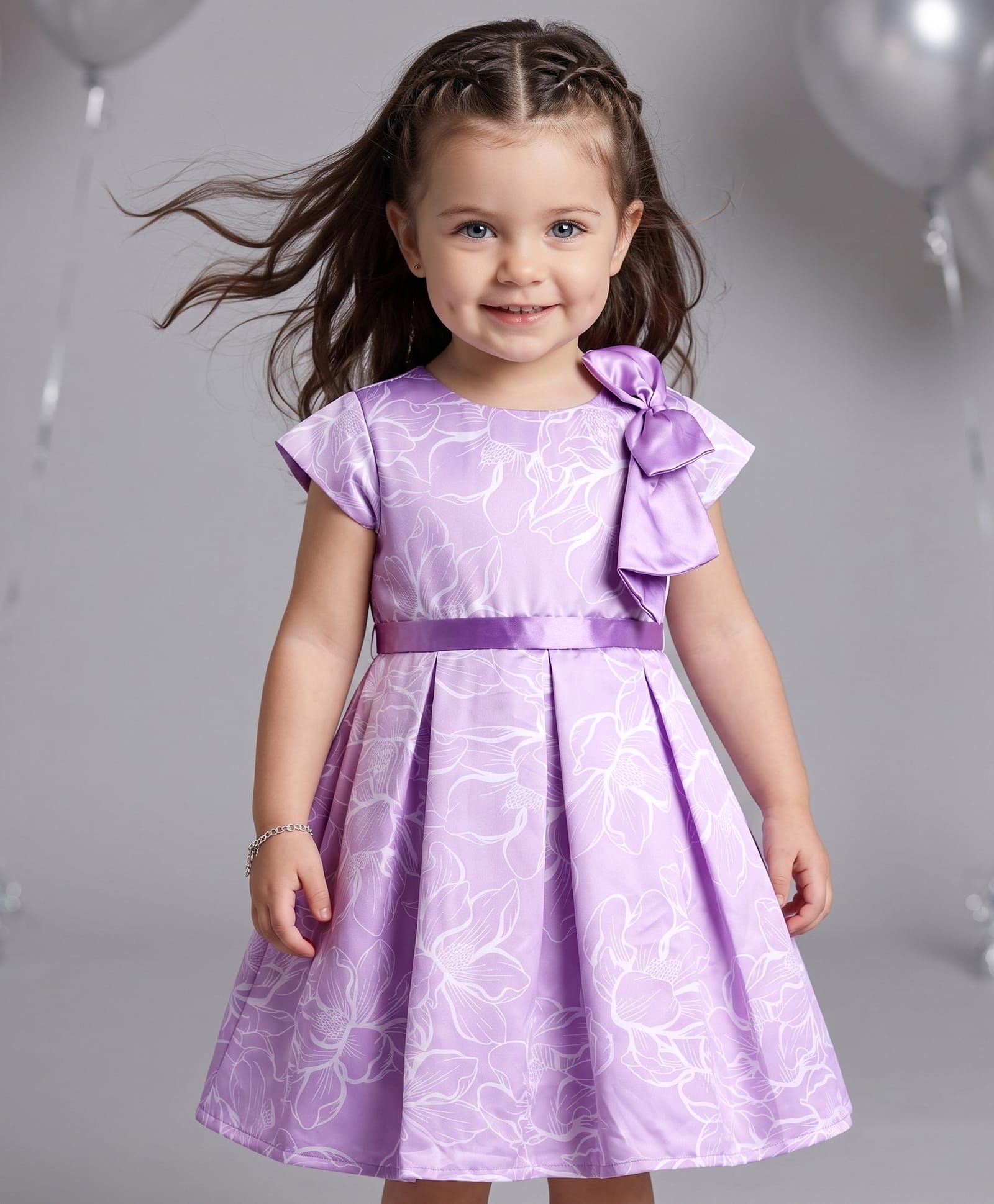 Babyoye Satin Woven Sleeveless Floral Printed Party Dress with Bow Applique - Lavender-image-11