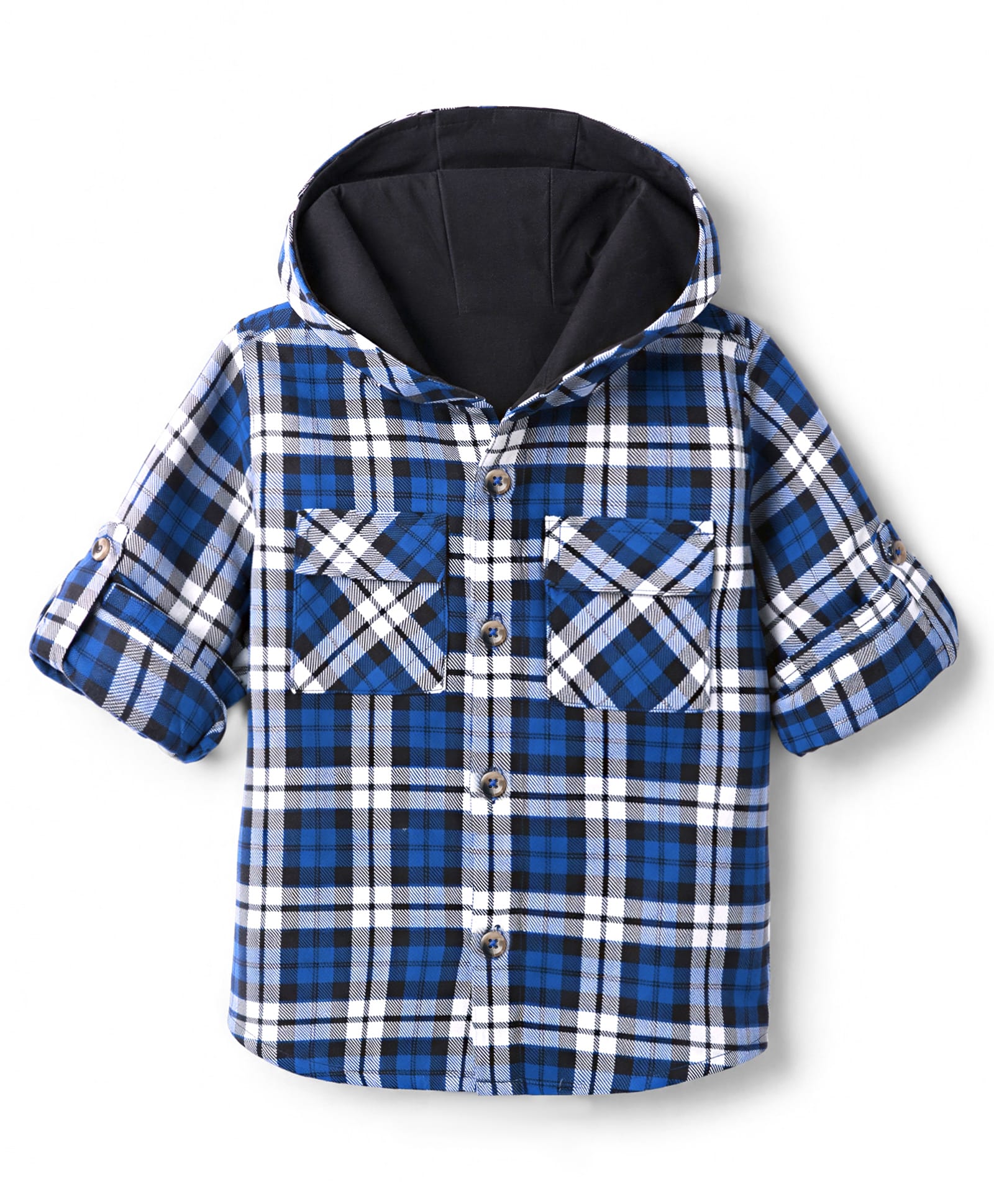 Bonfino Cotton Woven Hooded Shirt with Full Sleeves and Buffalo Checks in Blue for 5-6 Years-image-44