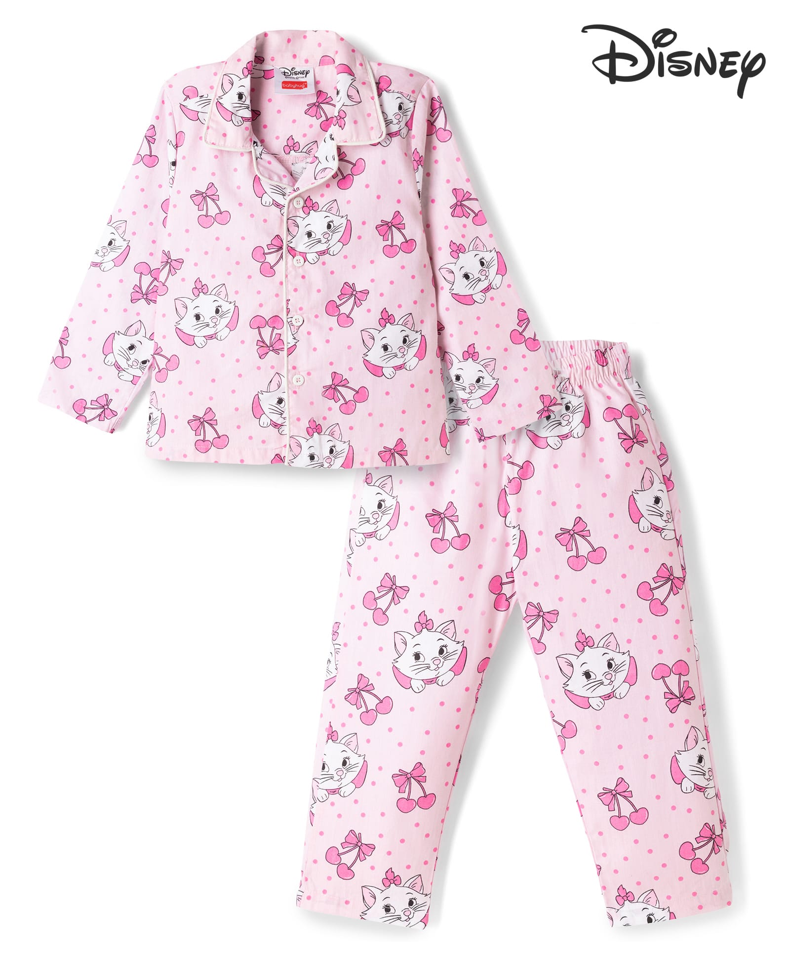 Babyhug Disney Poplin Woven Full Sleeves Shirt & Pyjama Co-ords Night Suit With Marie Graphic - Pink-image-43