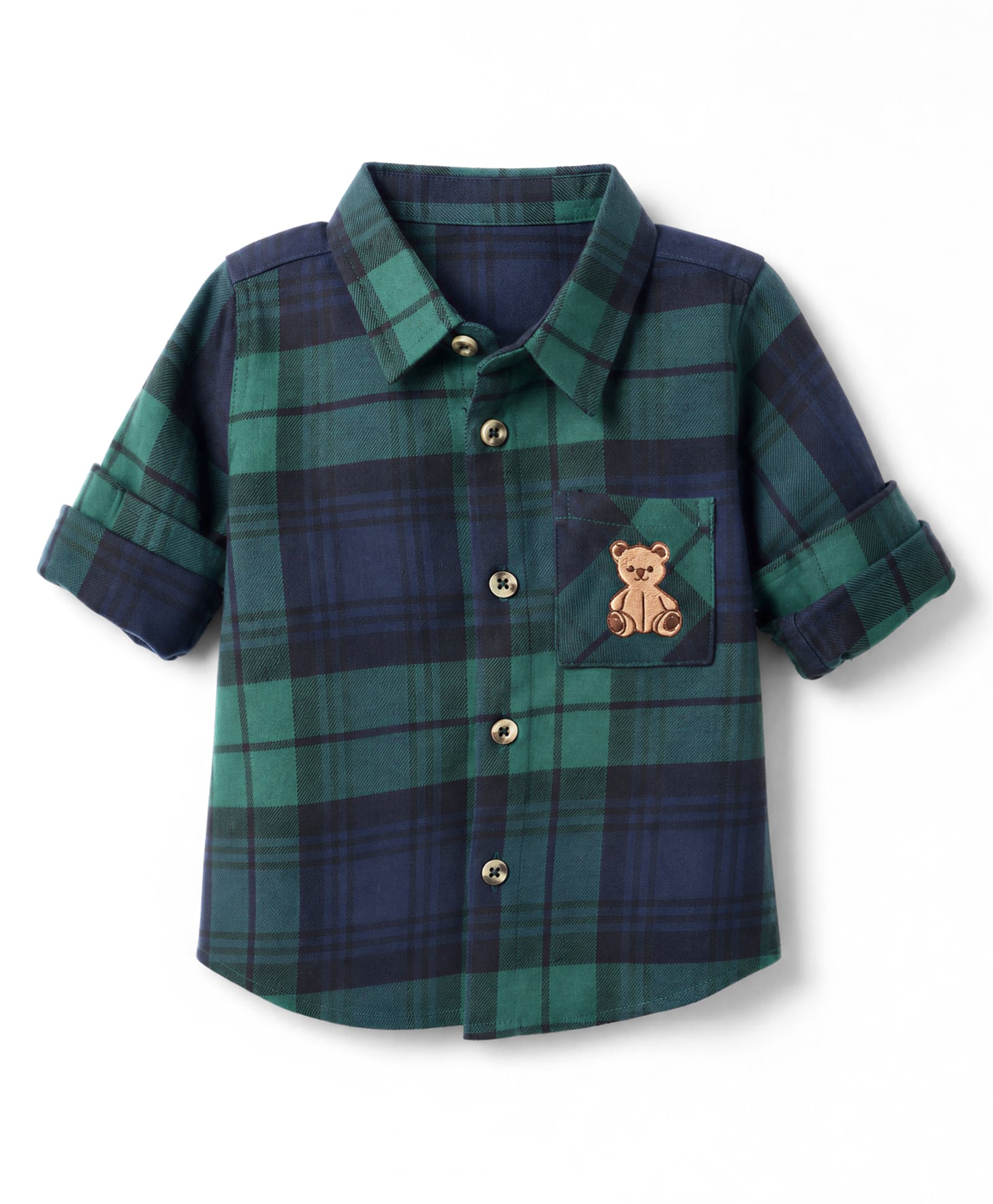 Bonfino Cotton Woven Checks Shirt with Full Sleeves and Teddy Bear Applique in Green for 2-3 Years-image-29