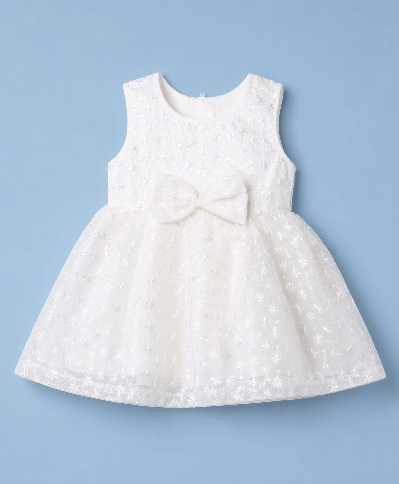 Babyoye Mesh Woven Floral Embroidery Half Sleeves Party Dress With Bow Applique - White-image-5