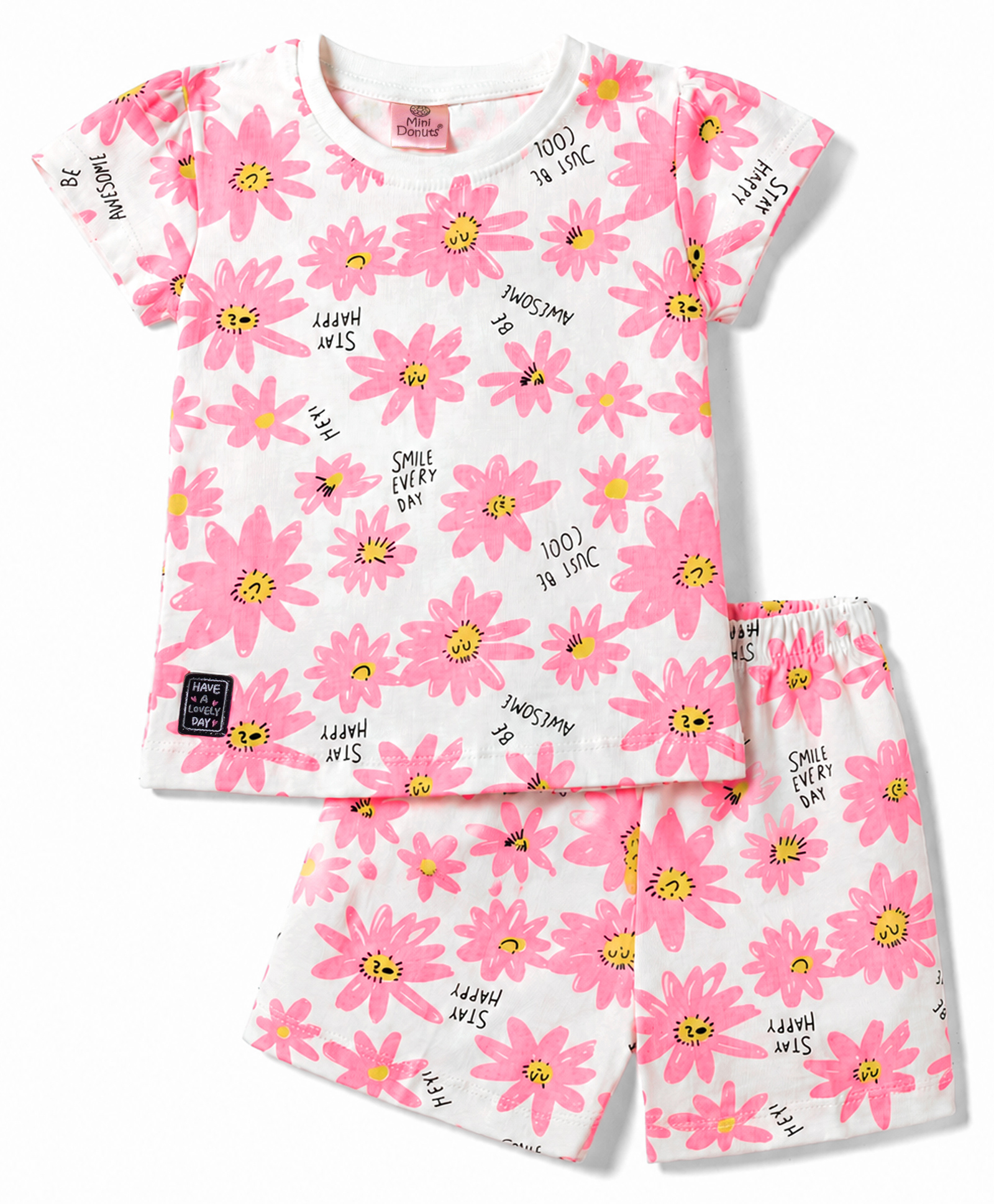 Mini Donuts Single Jersey Knit Half Sleeves Floral Printed Co-Ords T-Shirt & Shorts Set - Pink-picture-27