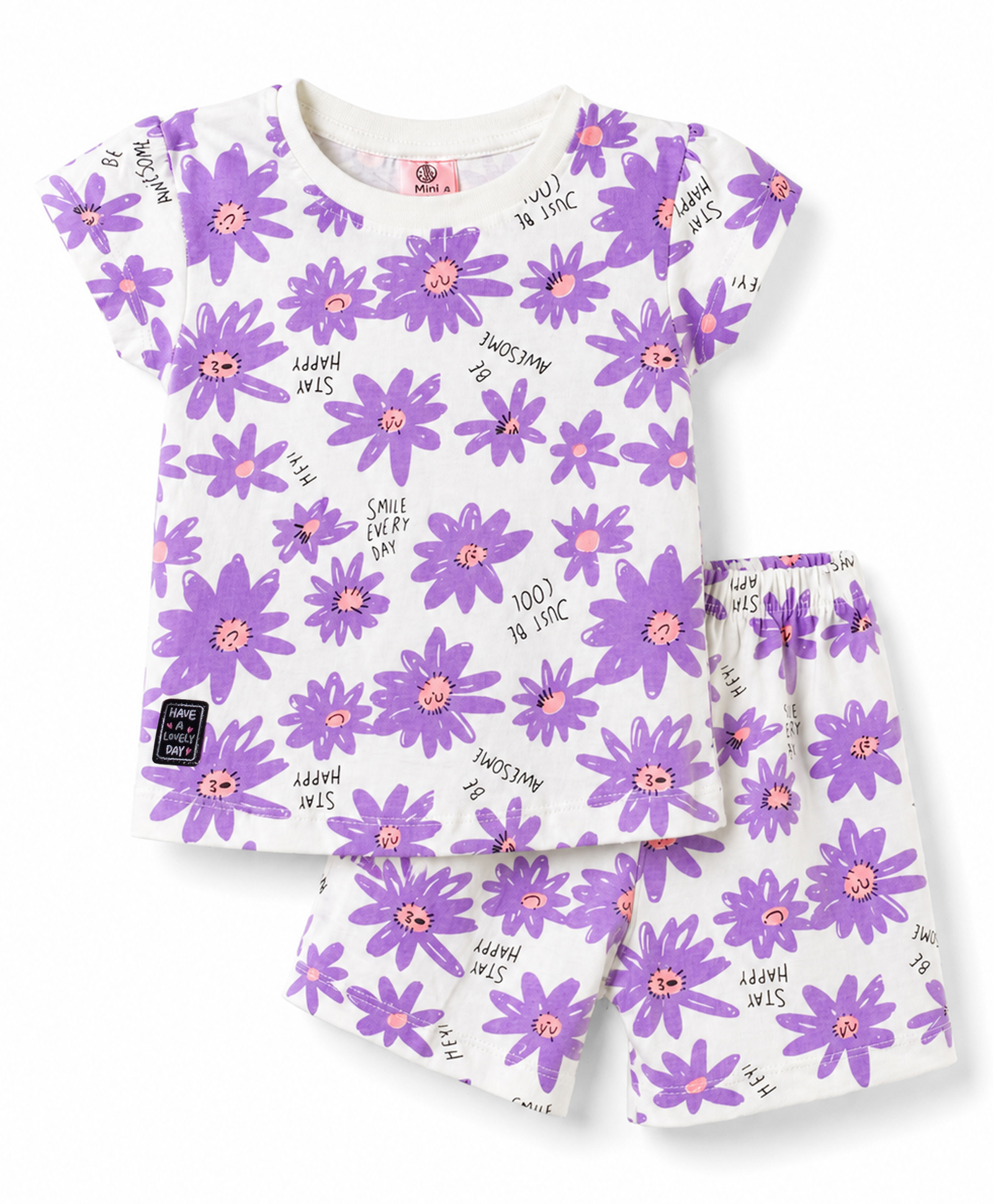 Mini Donuts Single Jersey Knit Half Sleeves Floral Printed Co-Ords T-Shirt & Shorts Set - Purple-image-2