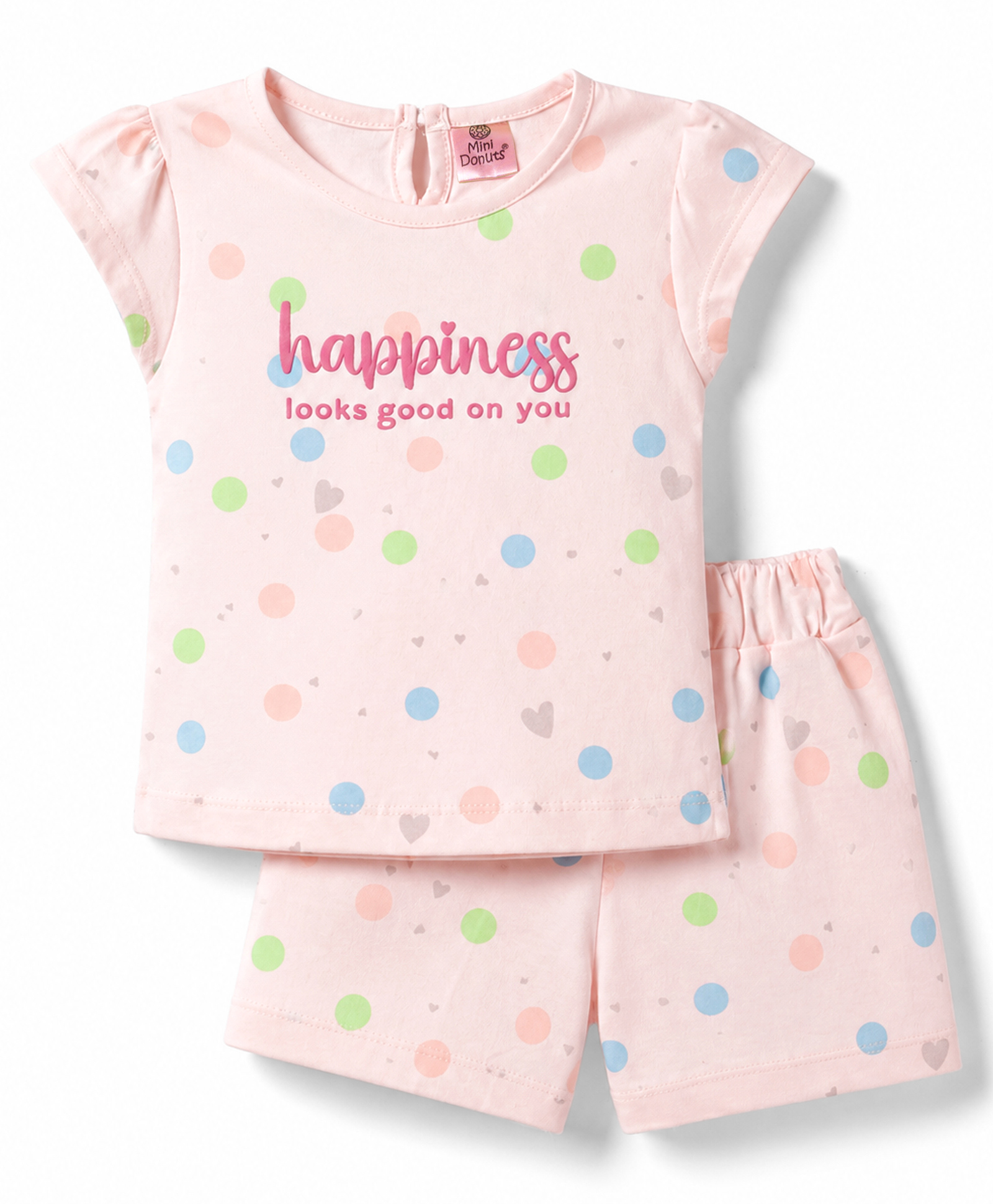 Mini Donuts Single Jersey Knit Half Sleeves Polka Dots & Hearts Printed Co-Ords T-Shirt & Shorts Set - Peach-image-30