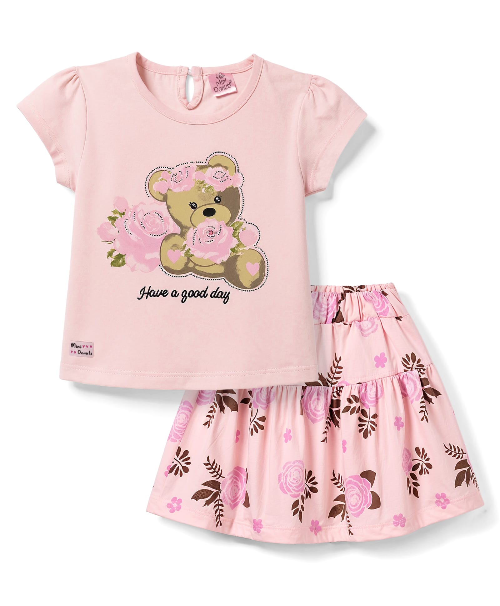 Mini Donuts Single Jersey Knit Half Sleeves Top & Skirt With Teddy & Floral Print - Pink-image-15