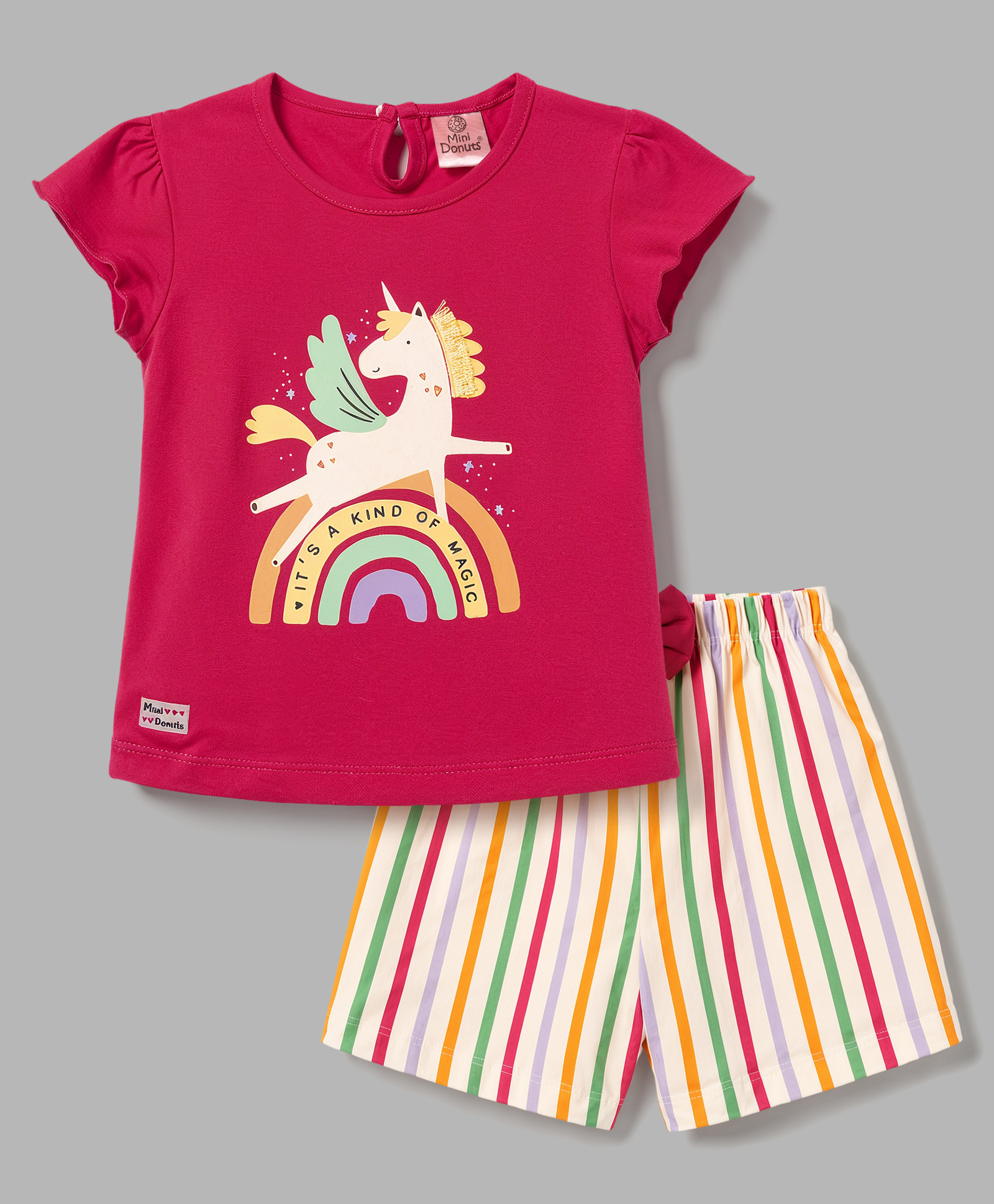 Mini Donuts Single Jersey Knit Half Sleeves T-Shirt & Shorts With Stripes & Unicorn Print - Red-image-32