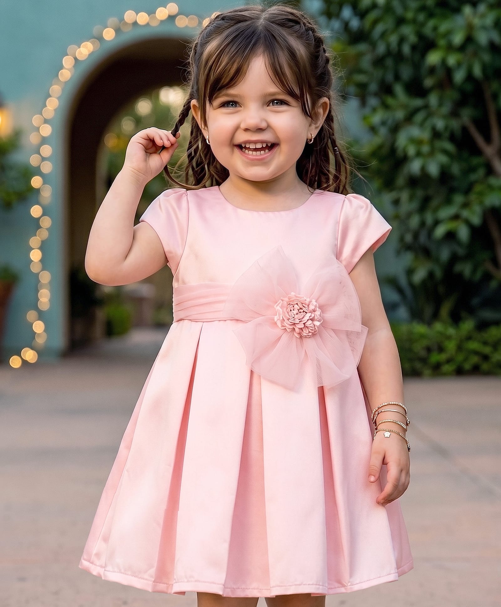 Babyoye Satin Woven Half Sleeves Solid Colour Party Dress With Floral Applique - Pink-image-22