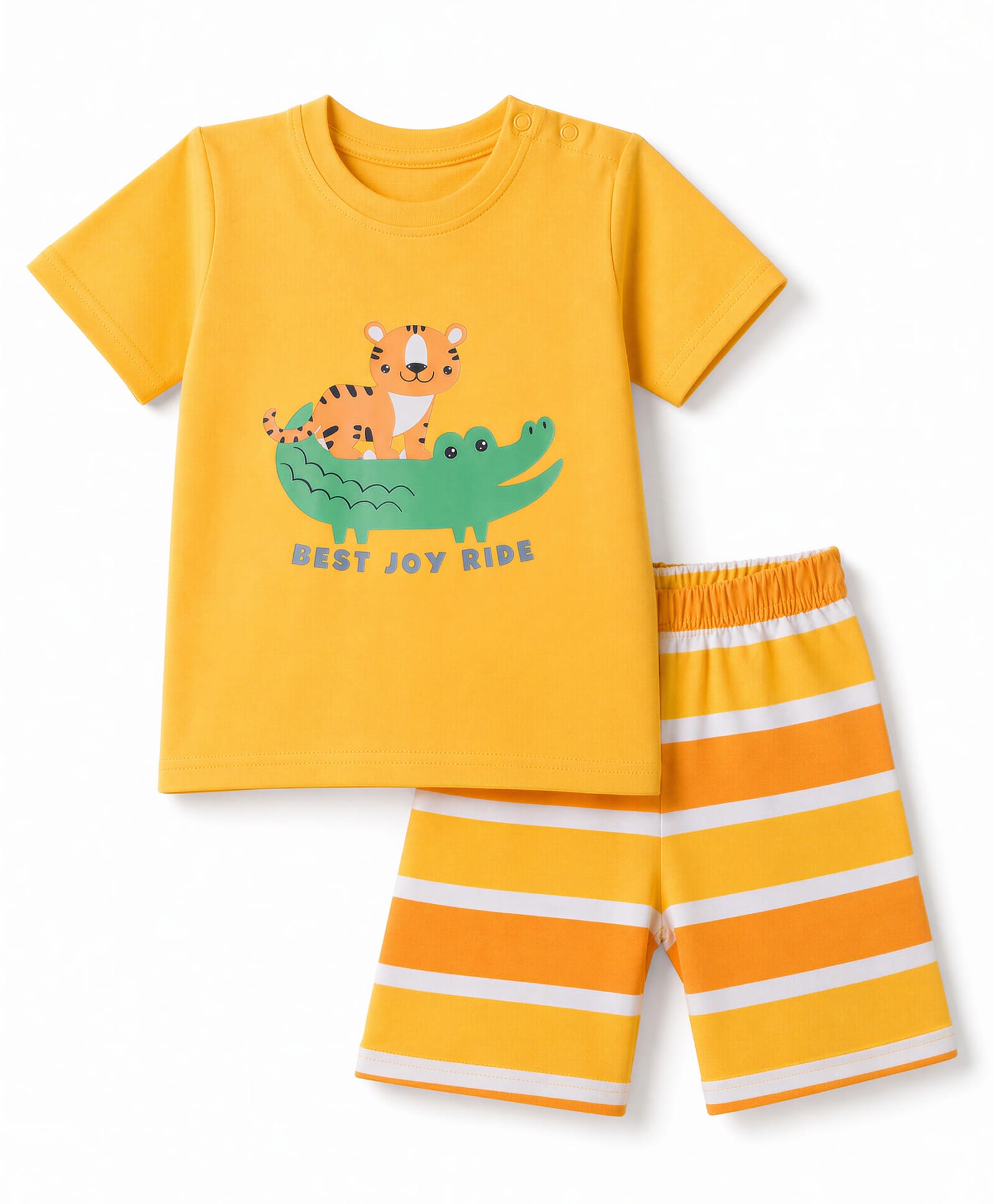 Babyhug Cotton Knit Half Sleeves T-Shirt & Striped Shorts Night Suit with Crocodile & Cub Print - Yellow-image-21