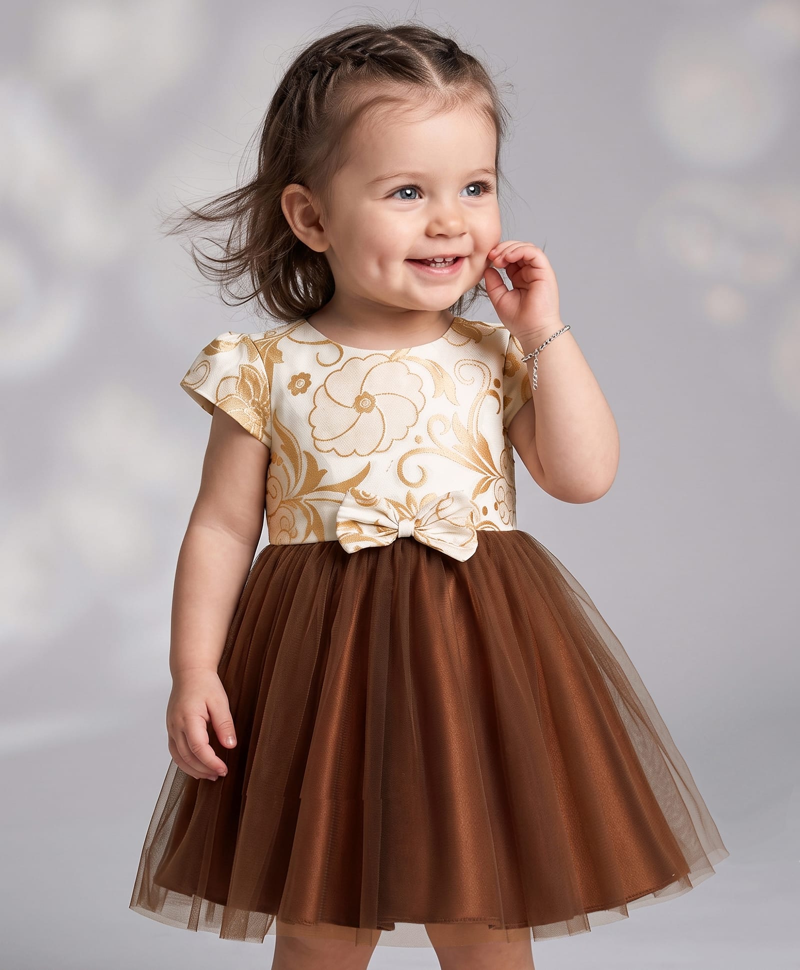 Babyoye Brocade Woven Floral Embroidery Half Sleeves Party Dress With Bow Applique - Golden-picture-2
