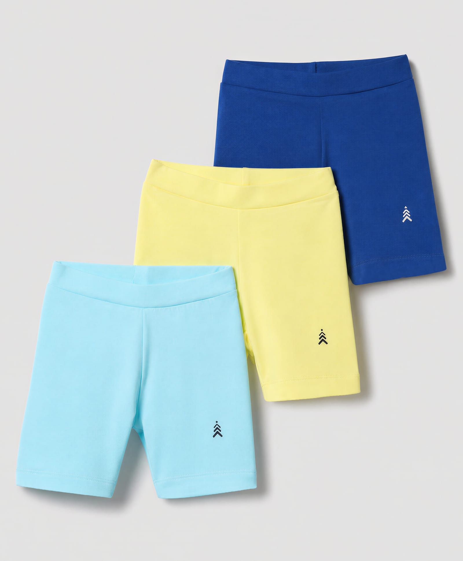 Pine Kids Cotton Lycra Knit Above Knee Length Cycling Shorts Pack of 3 - Blue, Light Blue & Yellow-image-2