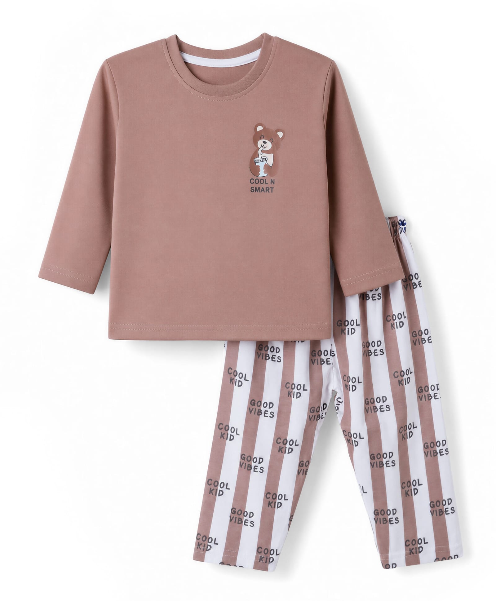 ToffyHouse Interlock Knit Full Sleeves T-Shirt & Pyjama Night Suit with Bear Print - Light Brown-image-26