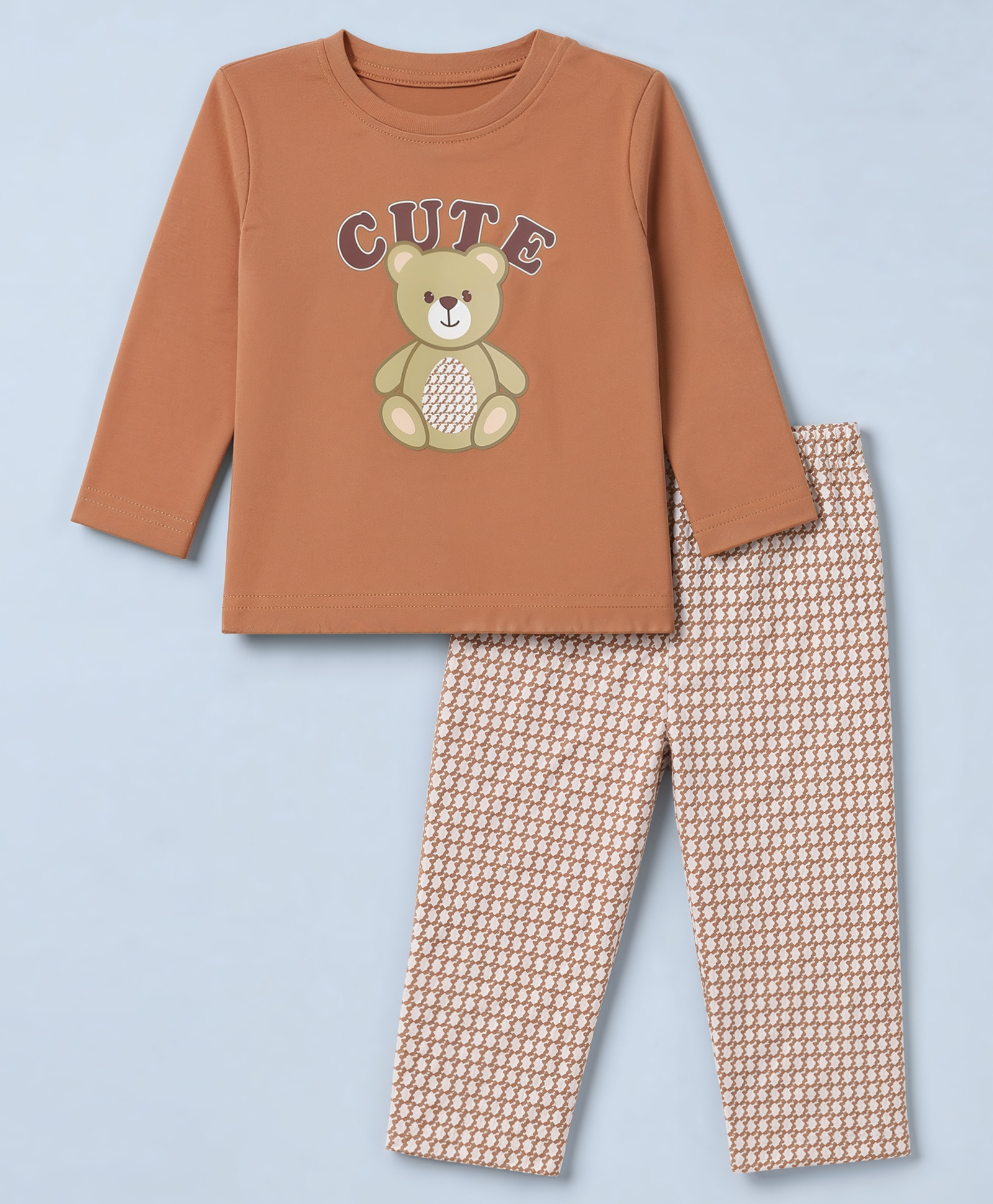 ToffyHouse Interlock Knit Full Sleeves Tshirt With Bear Print & Pant Set - Brown-picture-0