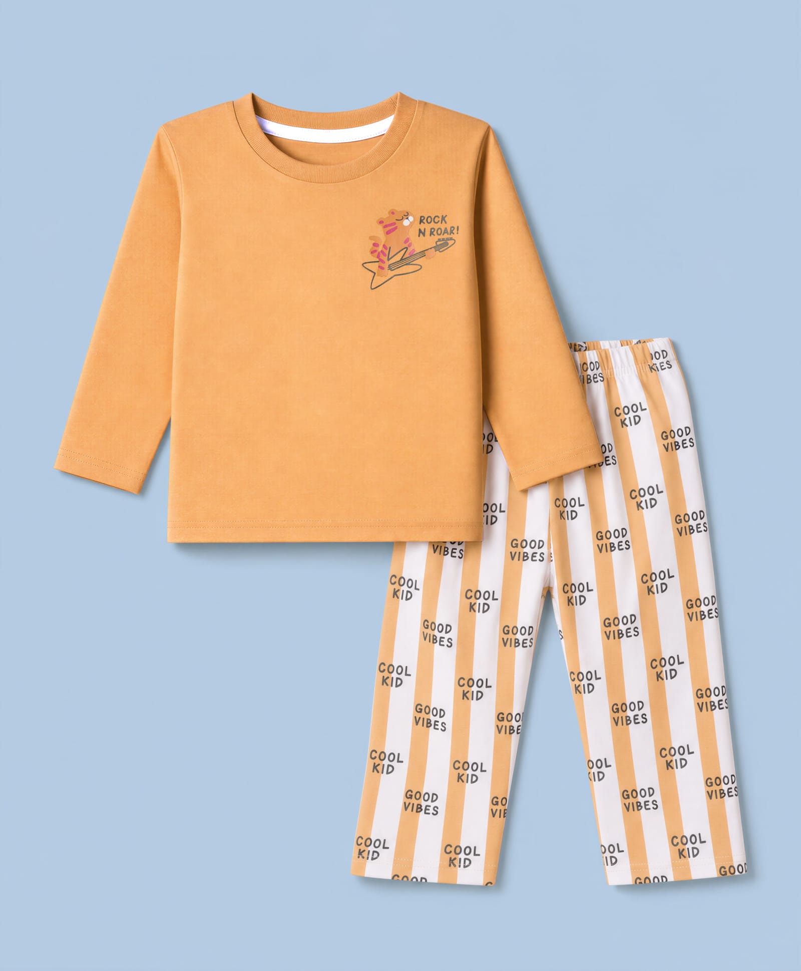 ToffyHouse Interlock Knit Full Sleeves T-Shirt & Pyjama Night Suit with Rock & Roar Print - Mustard-picture-17