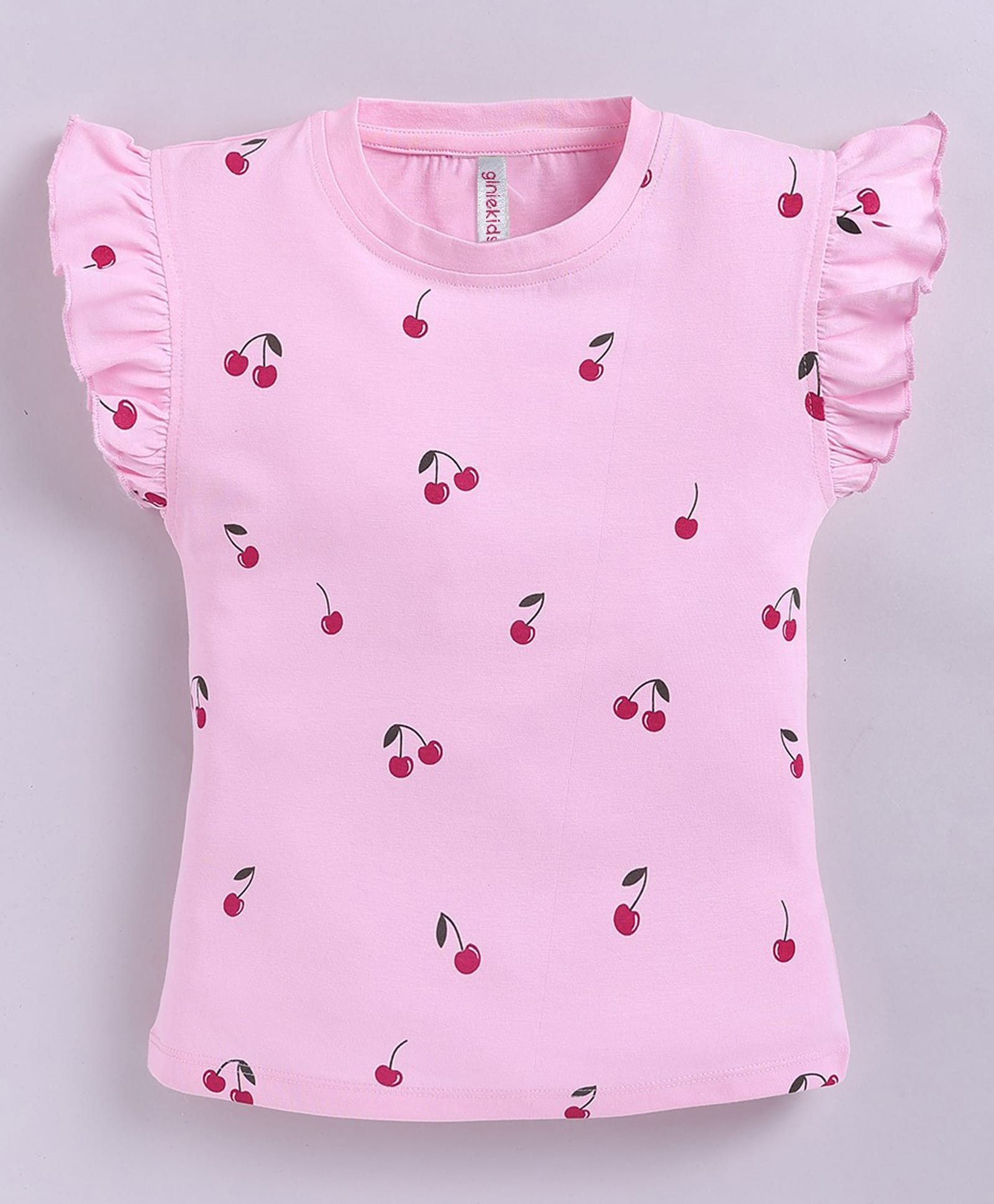 giniekids Cotton Knit Frill Sleeves Cherry Printed Top - Pink-image-16