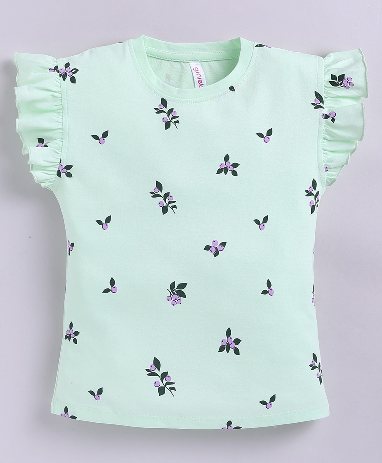 giniekids Cotton Knit Frill Sleeves Fruit Printed Top - Light Green-picture-14