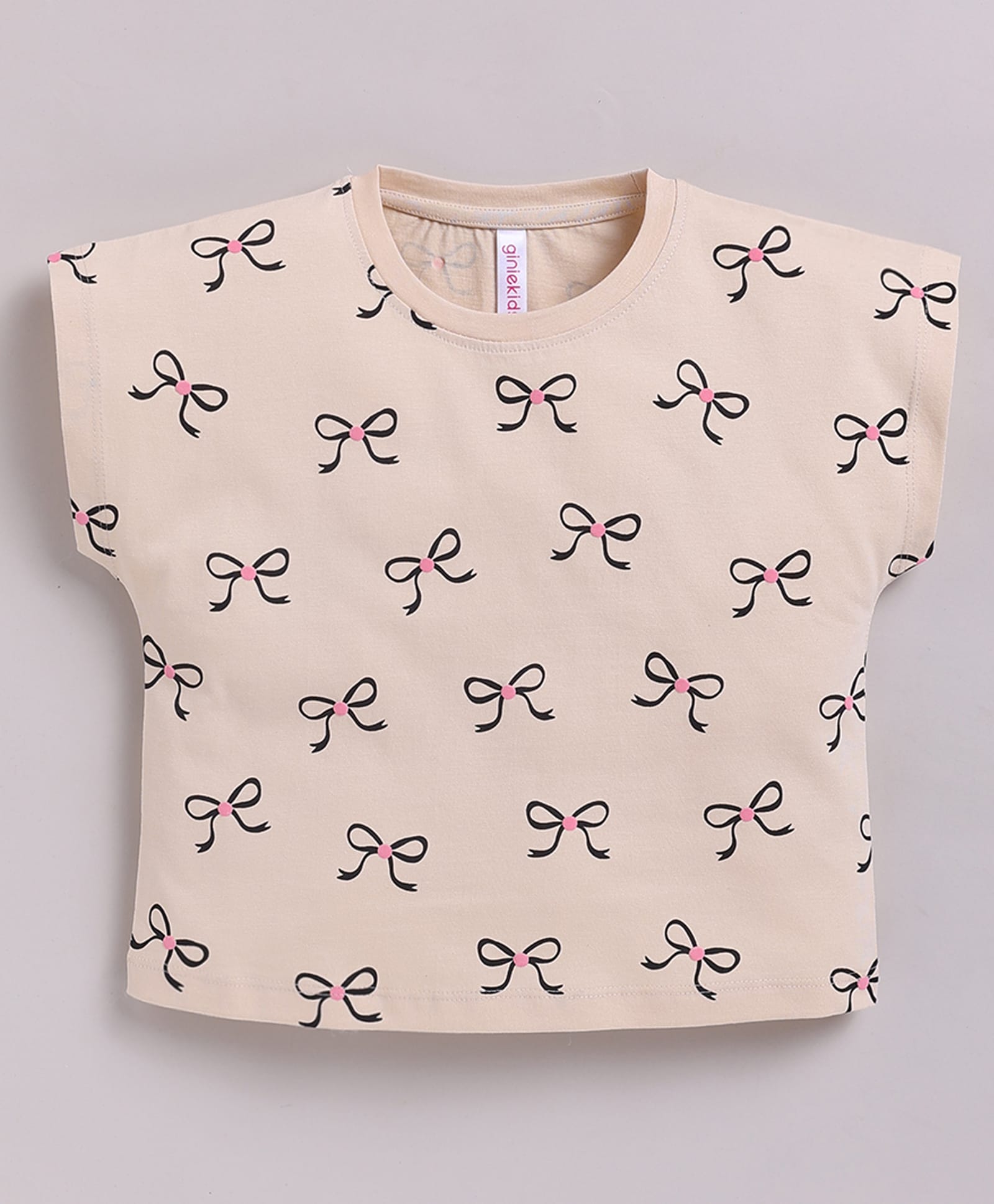 giniekids Cotton Knit Half Sleeves Bow Printed Top - Beige-image-23