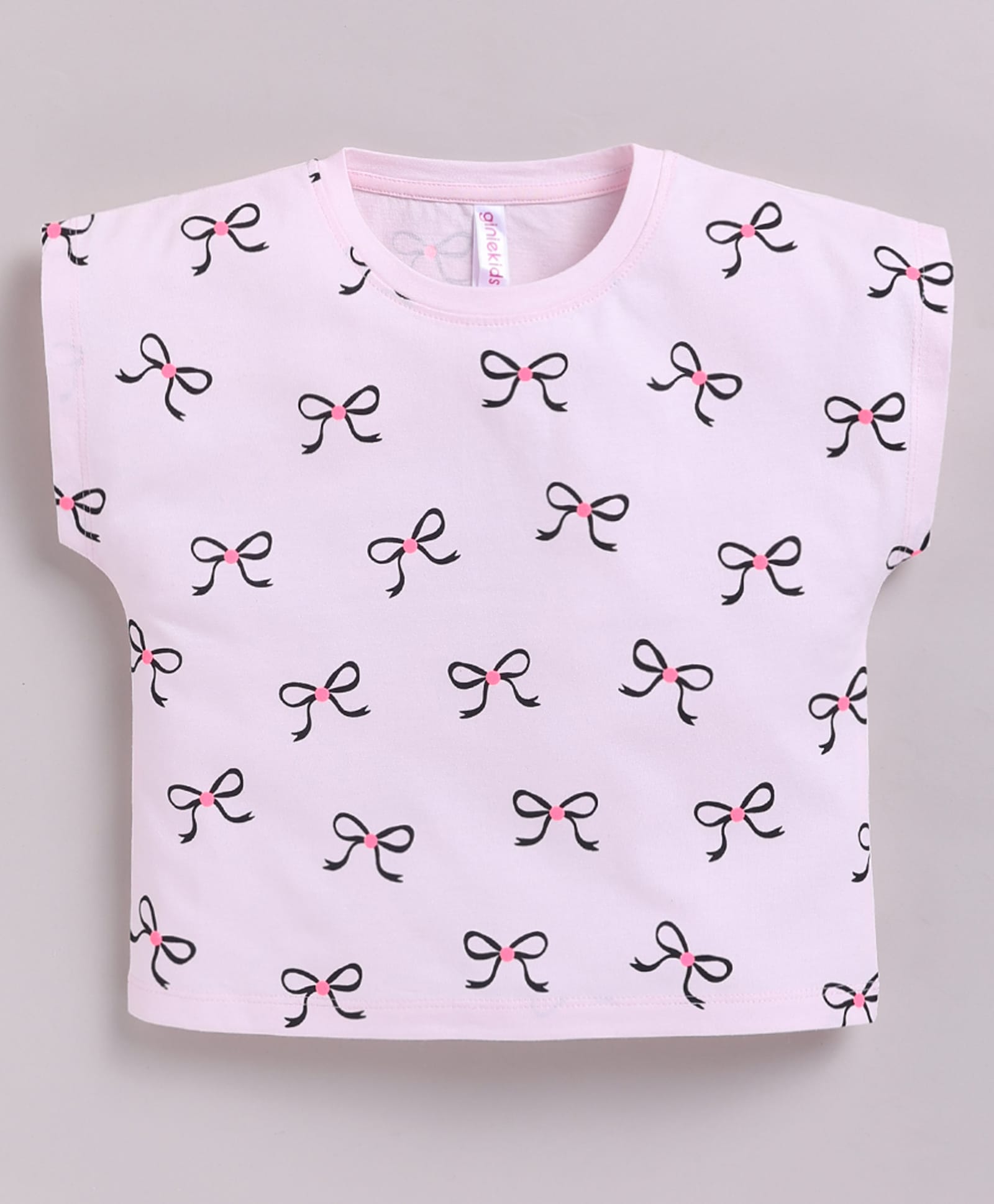 giniekids Cotton Knit Half Sleeves Bow Printed Top - Light Pink-picture-39