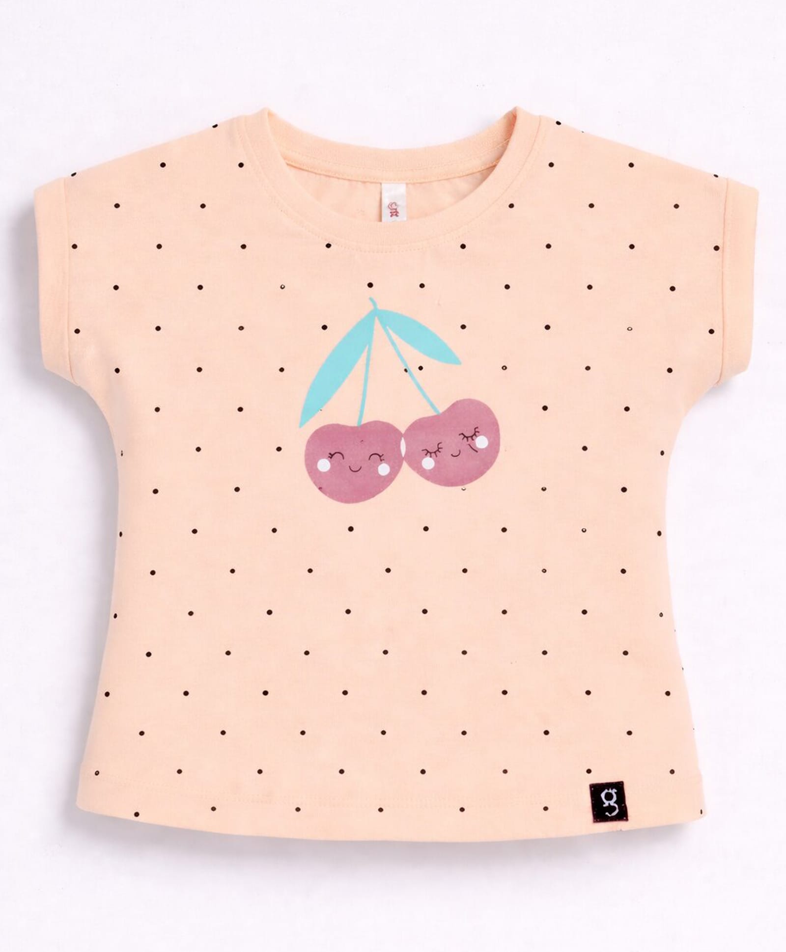 giniekids Cotton Knit Half Sleeves Polka Dots & Cherry Printed Top - Peach-picture-3