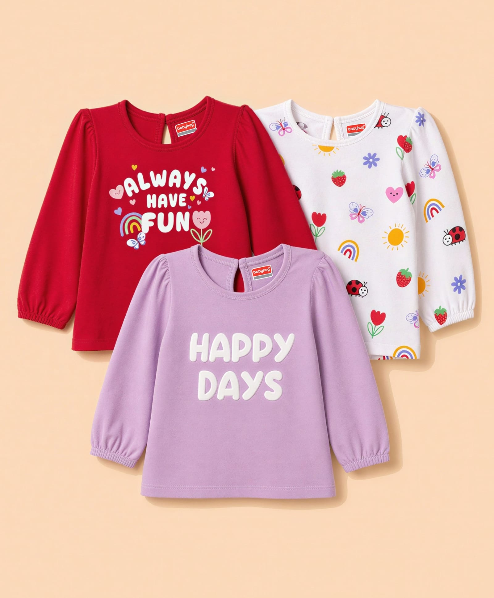 Babyhug Cotton Knit Full Sleeves Puffed T-Shirts With Rainbow & Text Print Pack Of 3 - Red & Lavender-image-41