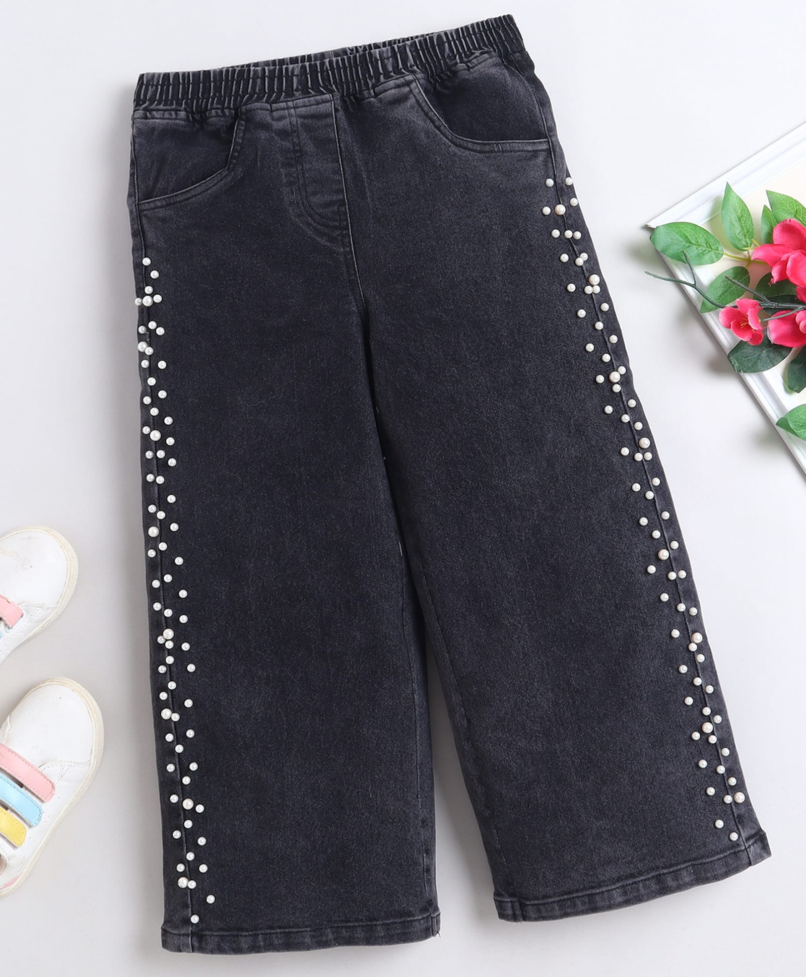 Bright Stars KIDSWEAR Denim Woven Pearl Embellished Jeans - Black-image-19