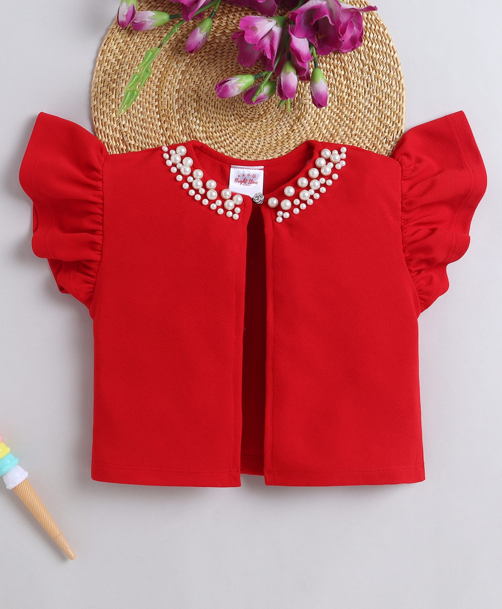 Bright Stars KIDSWEAR Knit Frill Sleeves Pearls Embellished Shrug - Red-picture-17