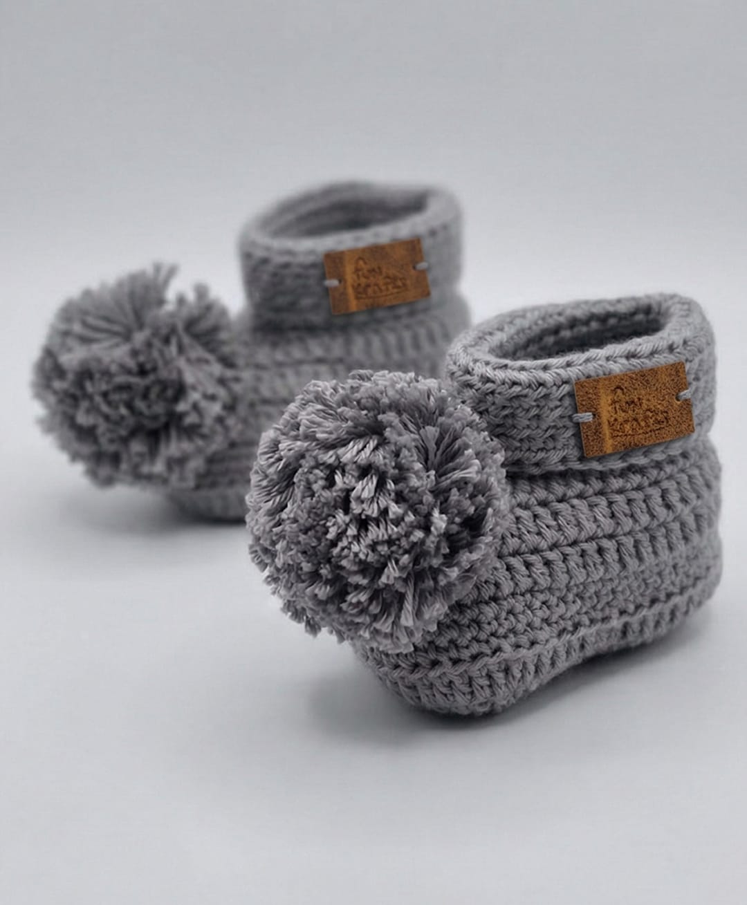Funkrafts Organic Cotton Woven Pom Pom Embellished Booties - Grey-image-24