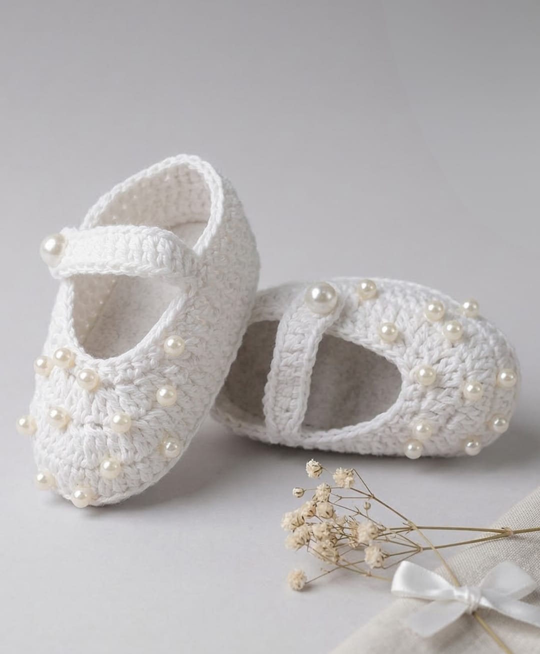 Funkrafts Organic Cotton Woven Pearls Embellished Button Closure Booties - White-picture-32