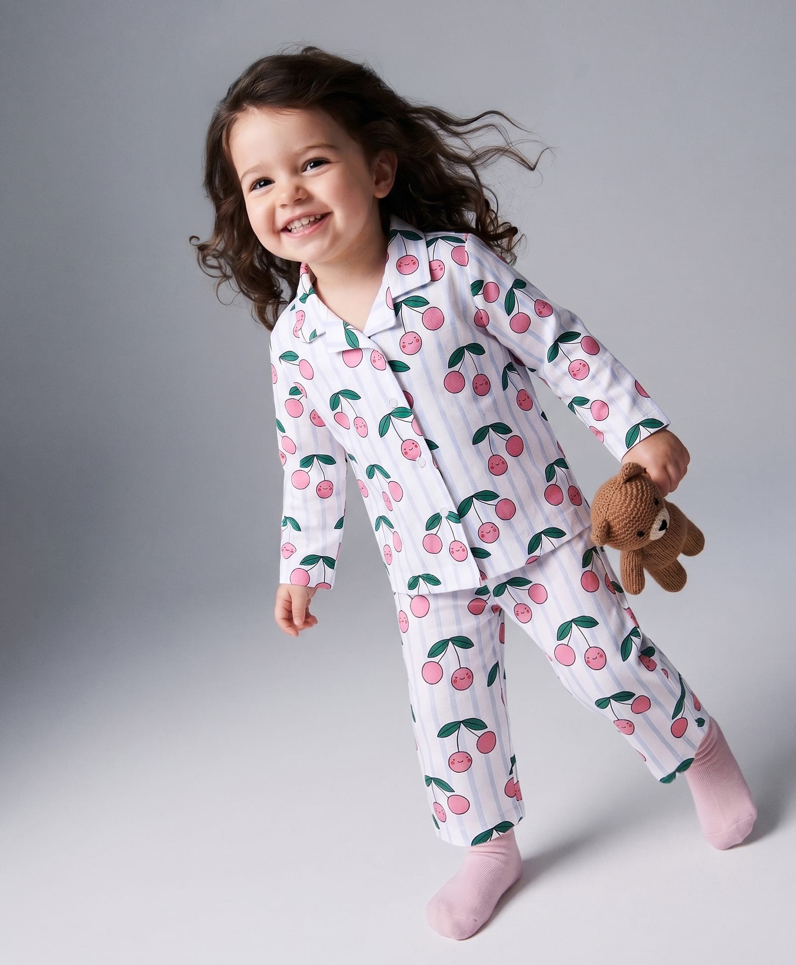 Bonfino 100% Cotton Knit Full Sleeves FRont Open Shirt & Pyjama Night Suit with Cherry Print - White-picture-1