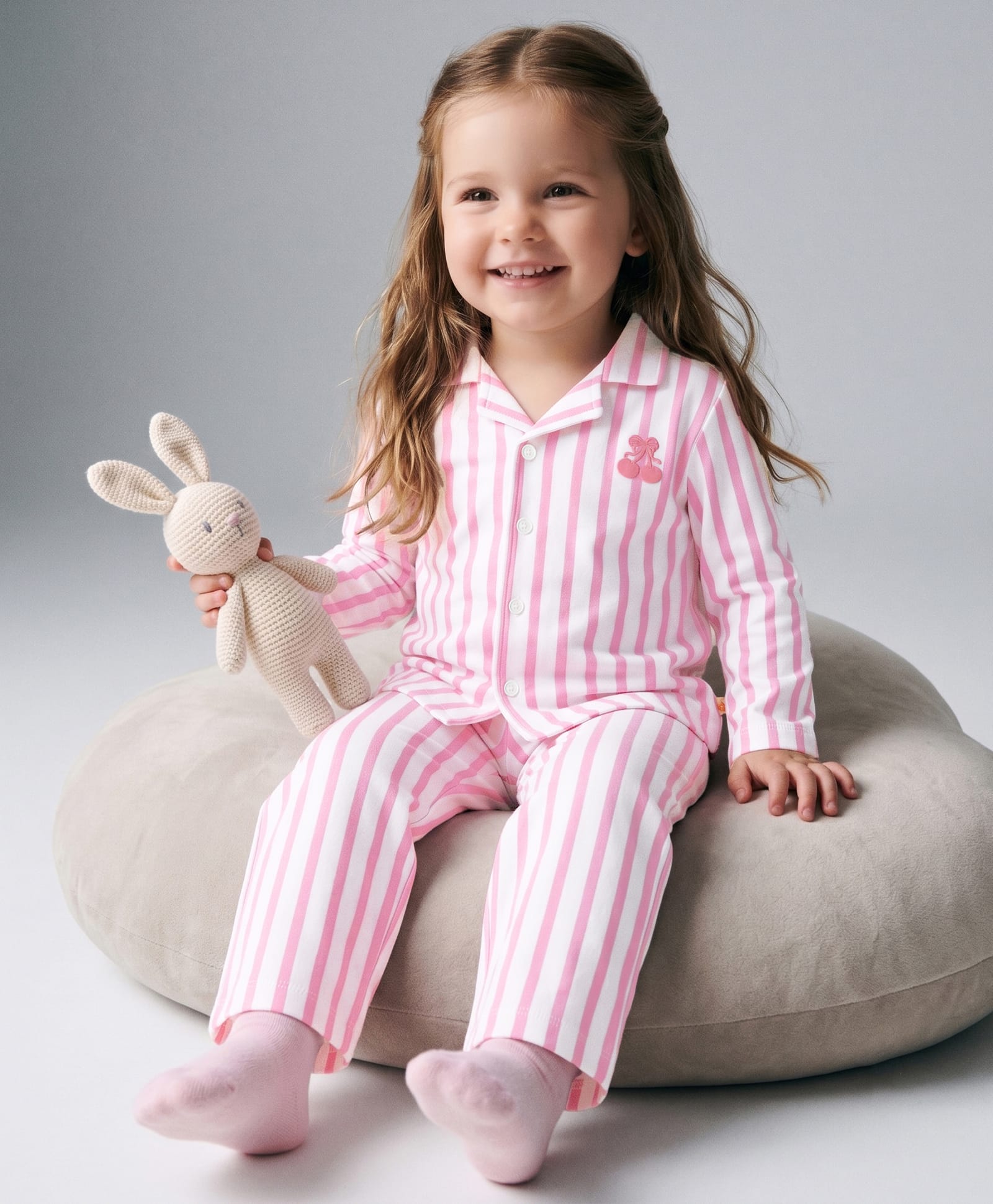 Bonfino 100% Cotton Knit Full Sleeves FRont Open Shirt & Pyjama Night Suit with Cherry Embroidery & Stripes - White & Pink-image-12