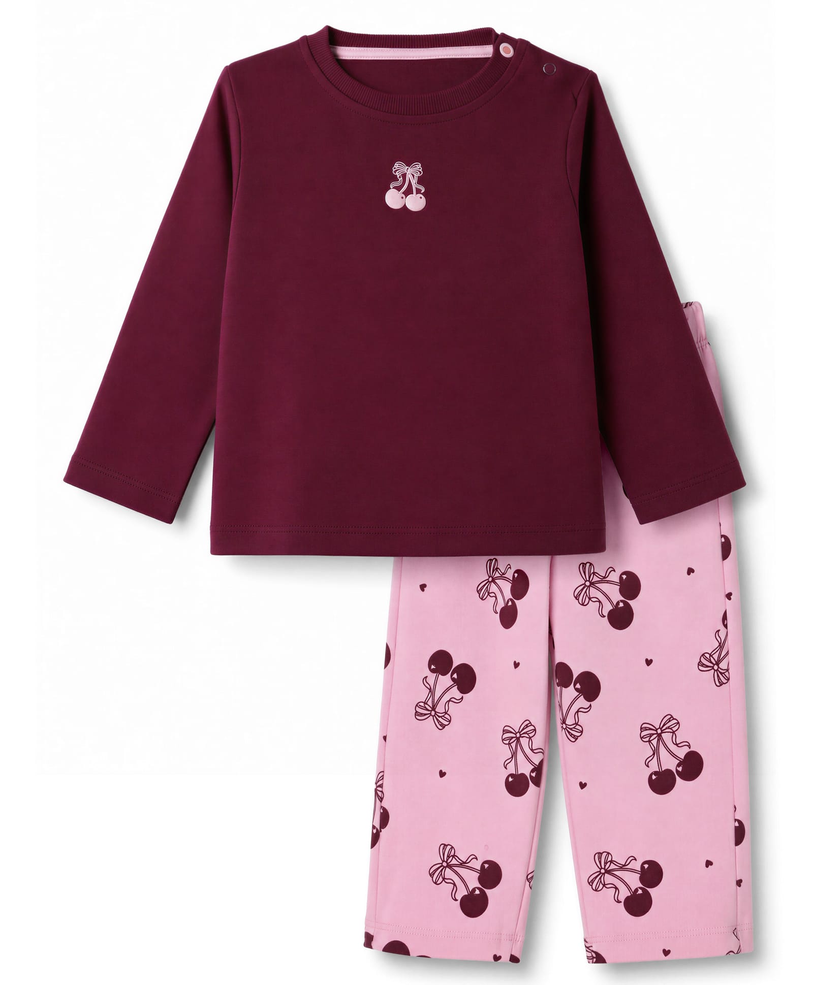Bonfino 100% Cotton Knit Full Sleeves T-Shirt & Pyjama Night Suit with Cherry Print - Purple & Pink-image-11