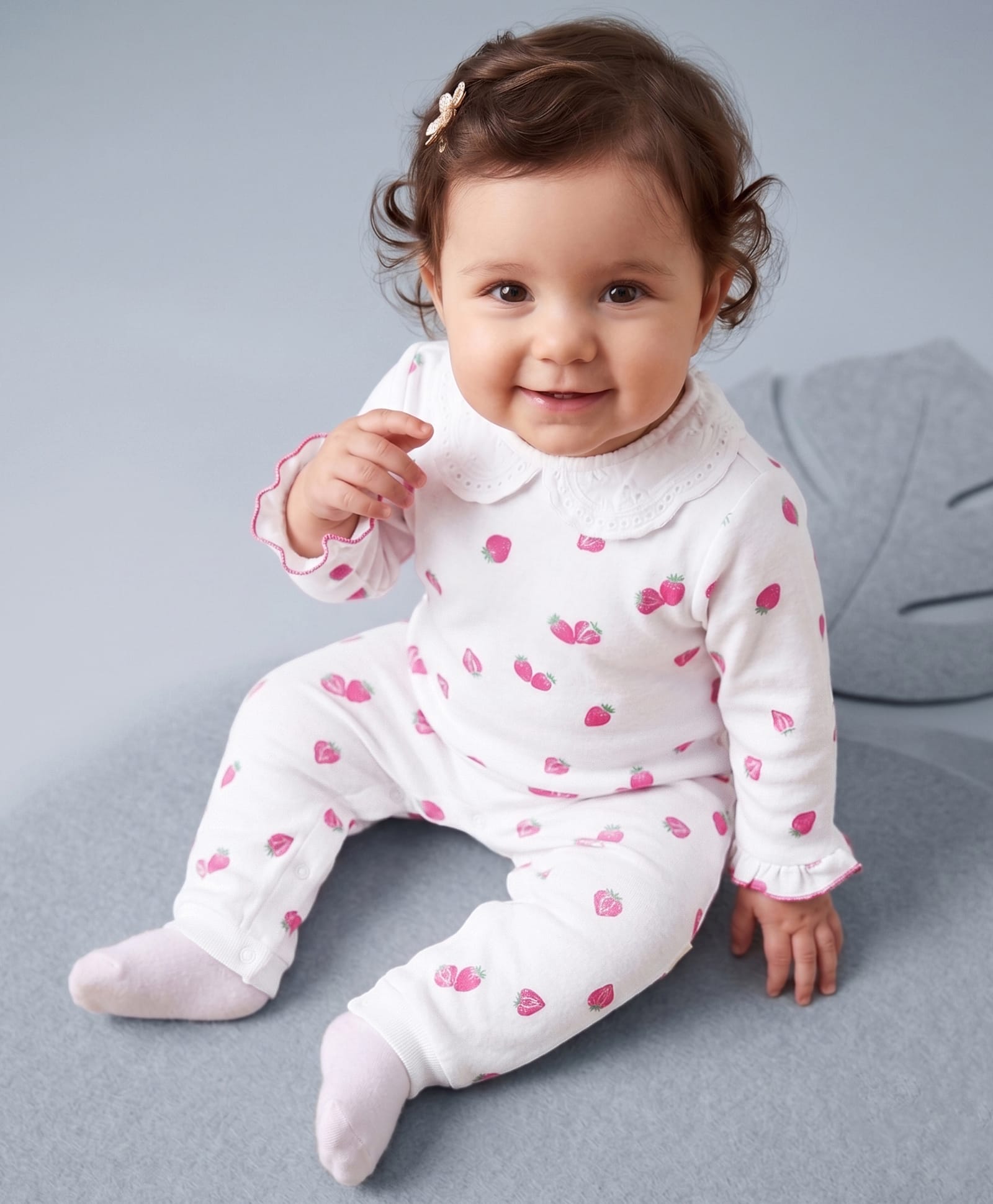 Bonfino 100% Cotton Knit Full Sleeves Strawberry Printed Romper With Schiffli Collar - White-picture-31
