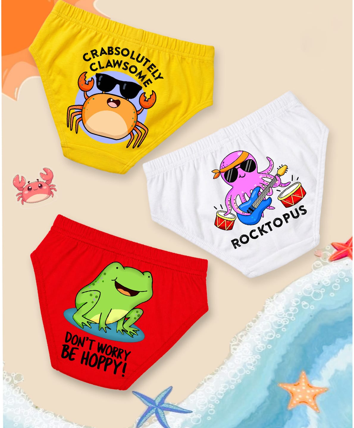 NUSYL 100% Cotton Knit Pack Of 3 Frog & Crab Printed Briefs - White Yellow & Red-picture-26