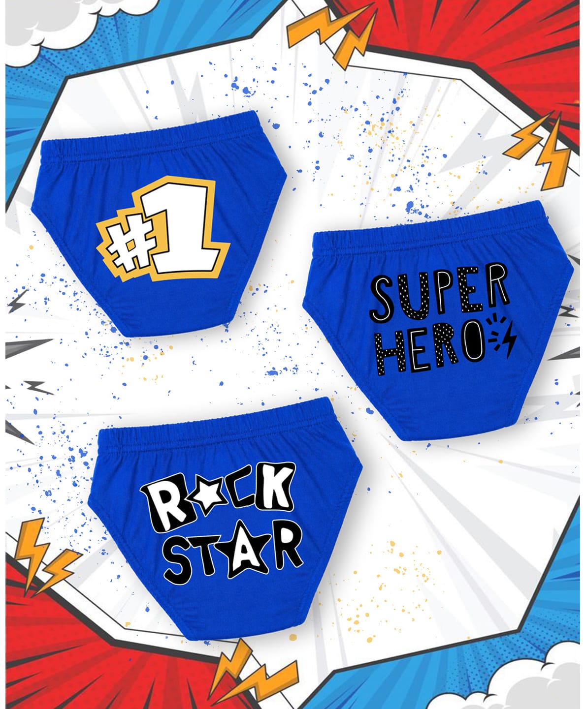 NUSYL 100% Cotton Knit Pack Of 3 Super Hero & Rockstar Text Printed Briefs - Royal Blue-picture-46
