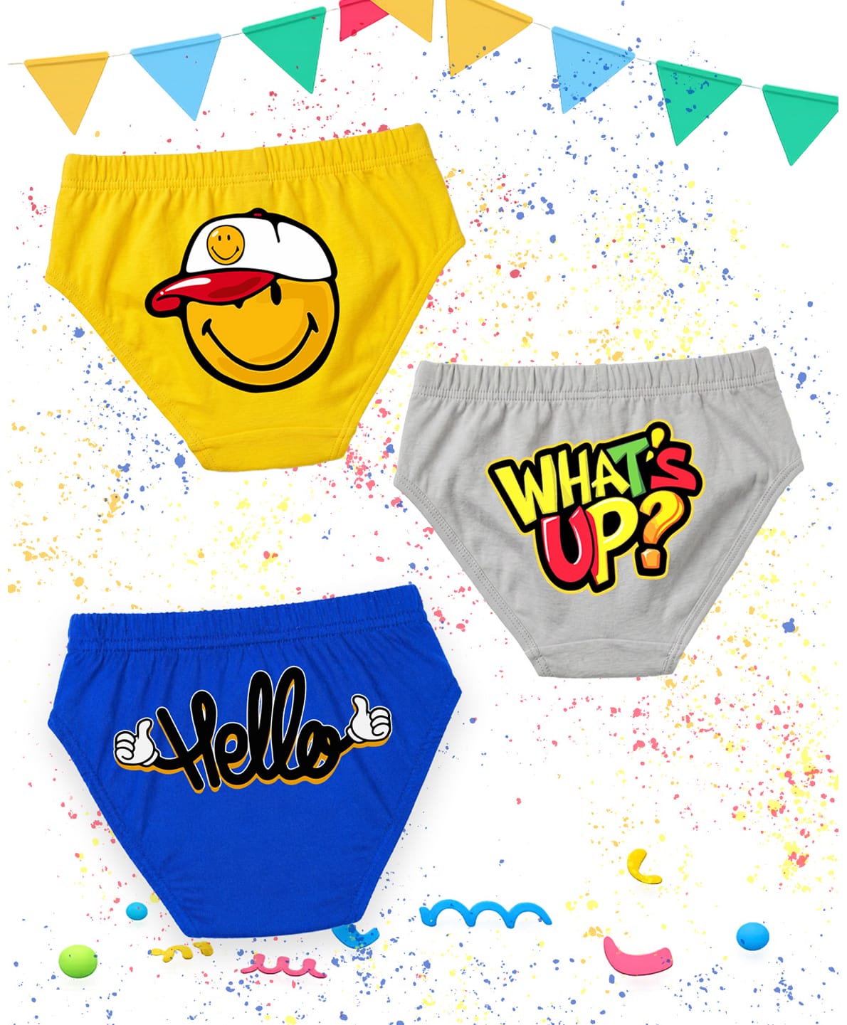 NUSYL 100% Cotton Knit Pack Of 3 Hello & Whats Up Text Printed Briefs - Yellow Royal Blue & Grey-picture-10