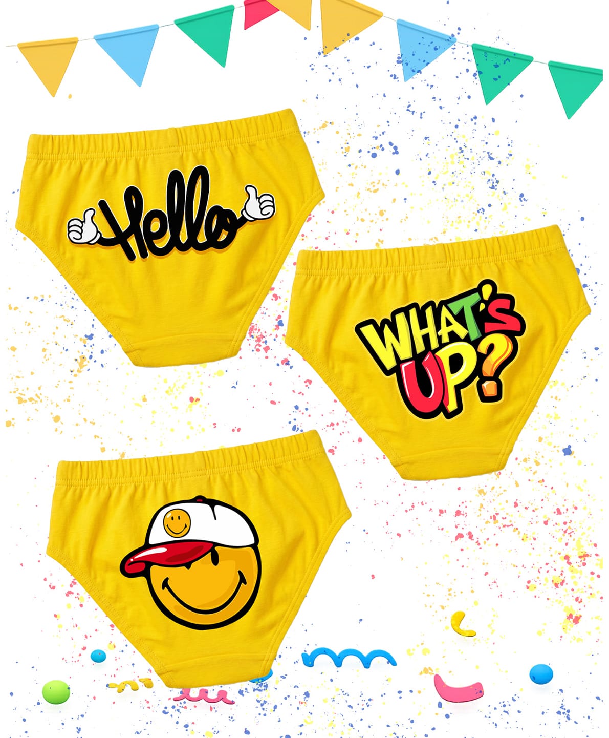 NUSYL 100% Cotton Knit Pack Of 3 Hello & What Up Text Printed Briefs - Yellow-picture-34