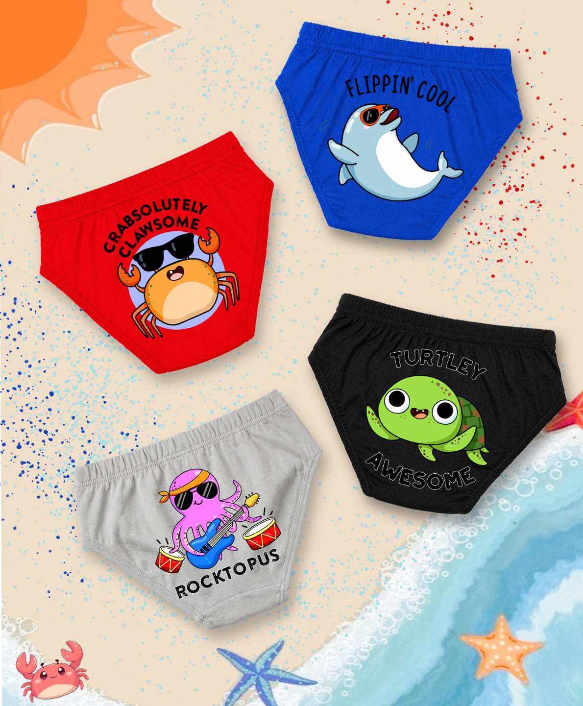 NUSYL 100% Cotton Knit Pack Of 4 Frog & Crab Printed Briefs - Grey Royal Blue Black & Red-picture-11