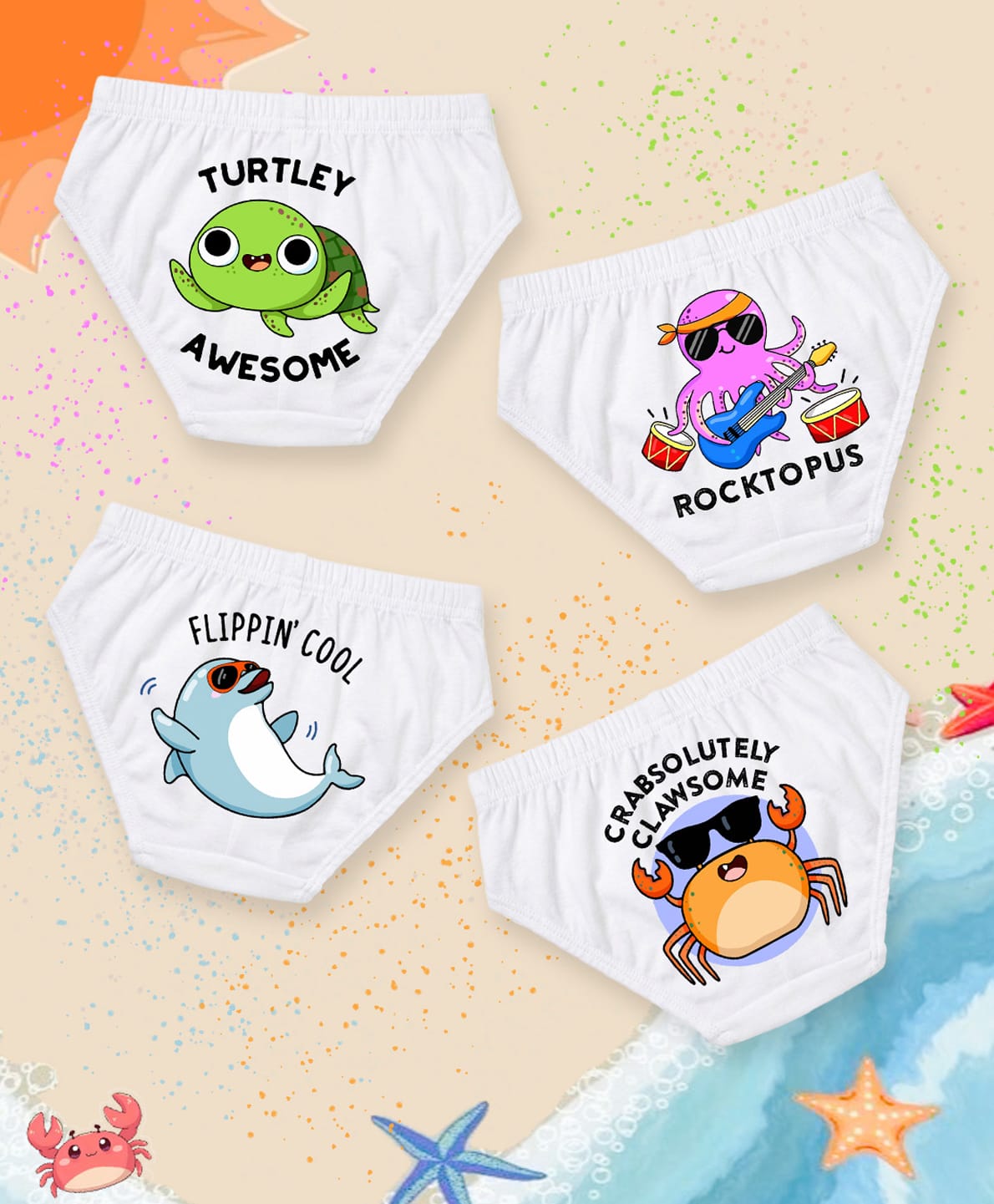 NUSYL 100% Cotton Knit Pack Of 4 Turtle & Crab Printed Briefs - White-picture-24