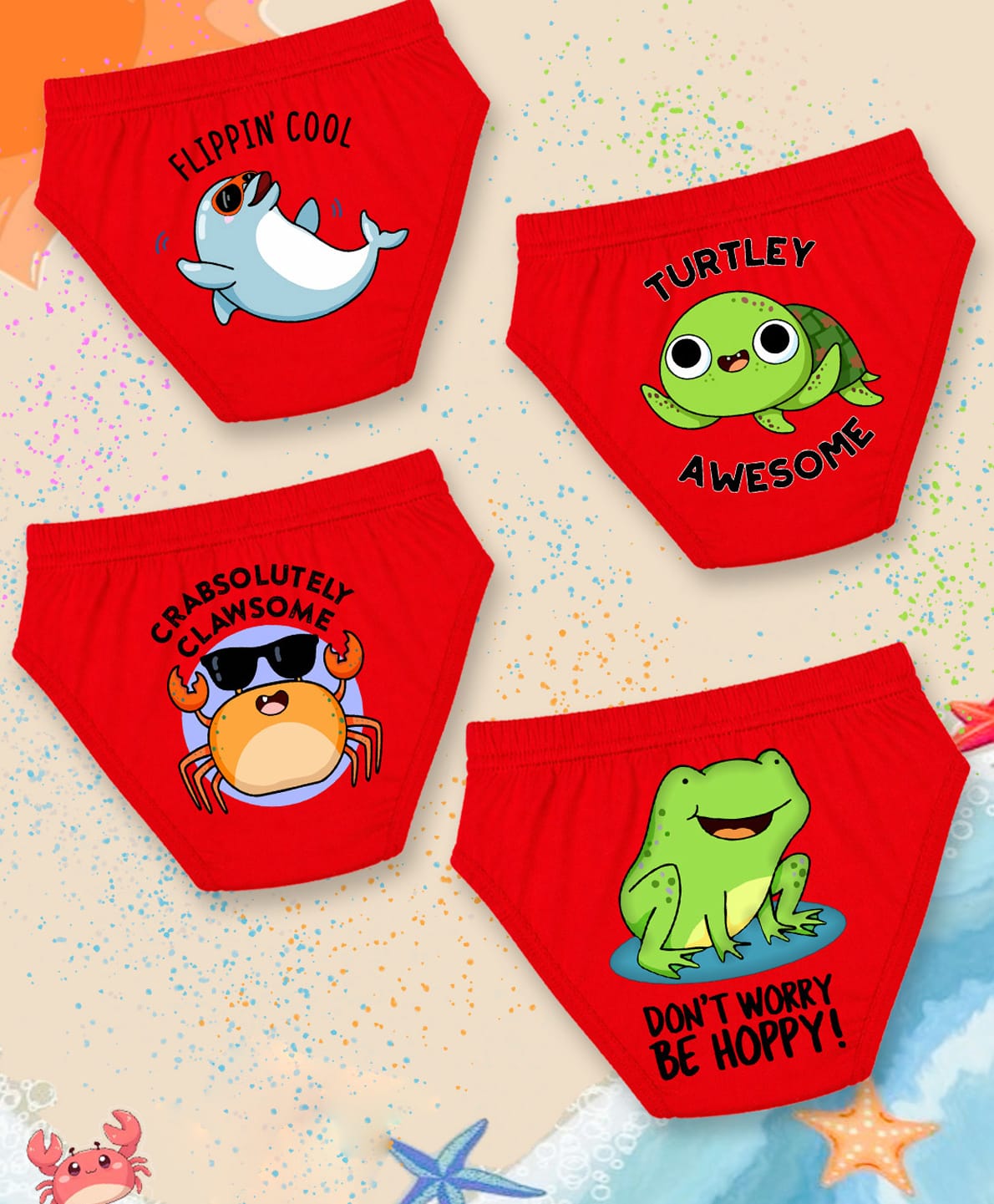 NUSYL 100% Cotton Knit Pack Of 4 Dolphin & Frog Printed Briefs - Red-picture-13