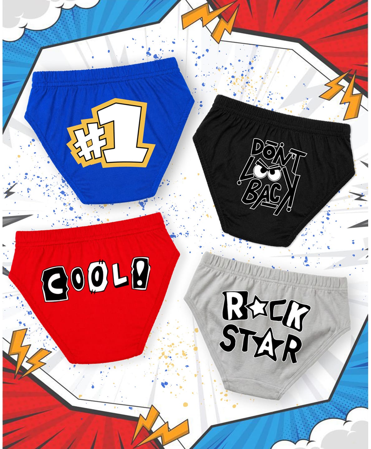 NUSYL 100% Cotton Knit Pack Of 4 Rockstar & Cool Text Printed Briefs - Black Grey Red & Royal Blue-picture-25