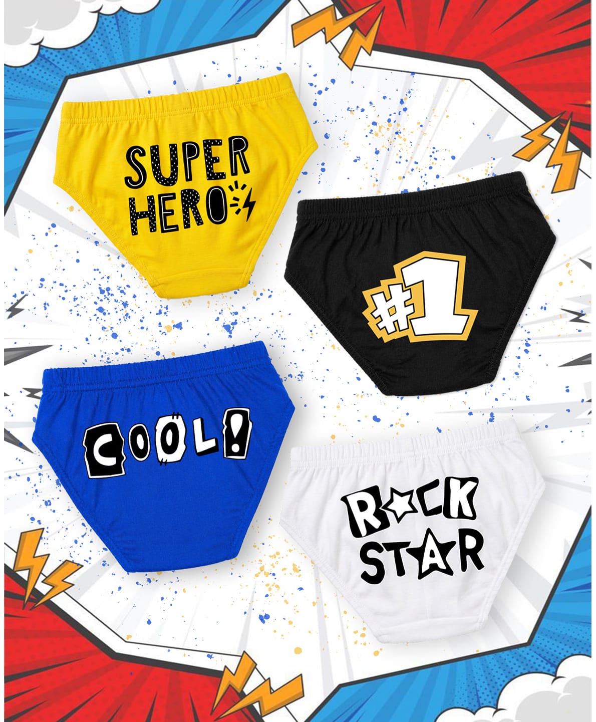 NUSYL 100% Cotton Knit Pack Of 4 Rock Star Text & Super Hero Text Printed Briefs - White Royal Blue Black & Yellow-picture-27